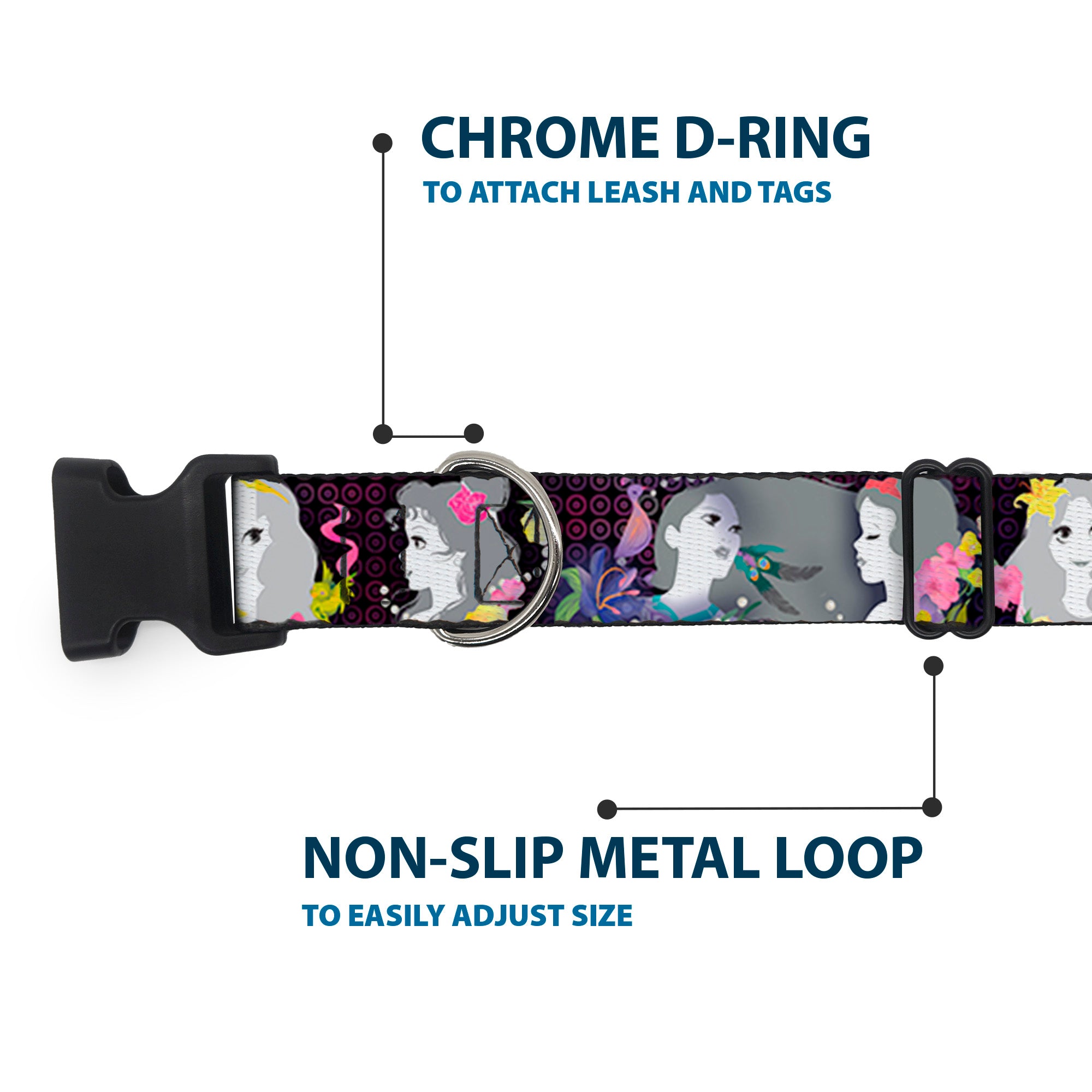 Plastic Clip Collar - Princess Silhouettes Dots Black/Purple/Gray/Multi Color Plastic Clip Collars Disney