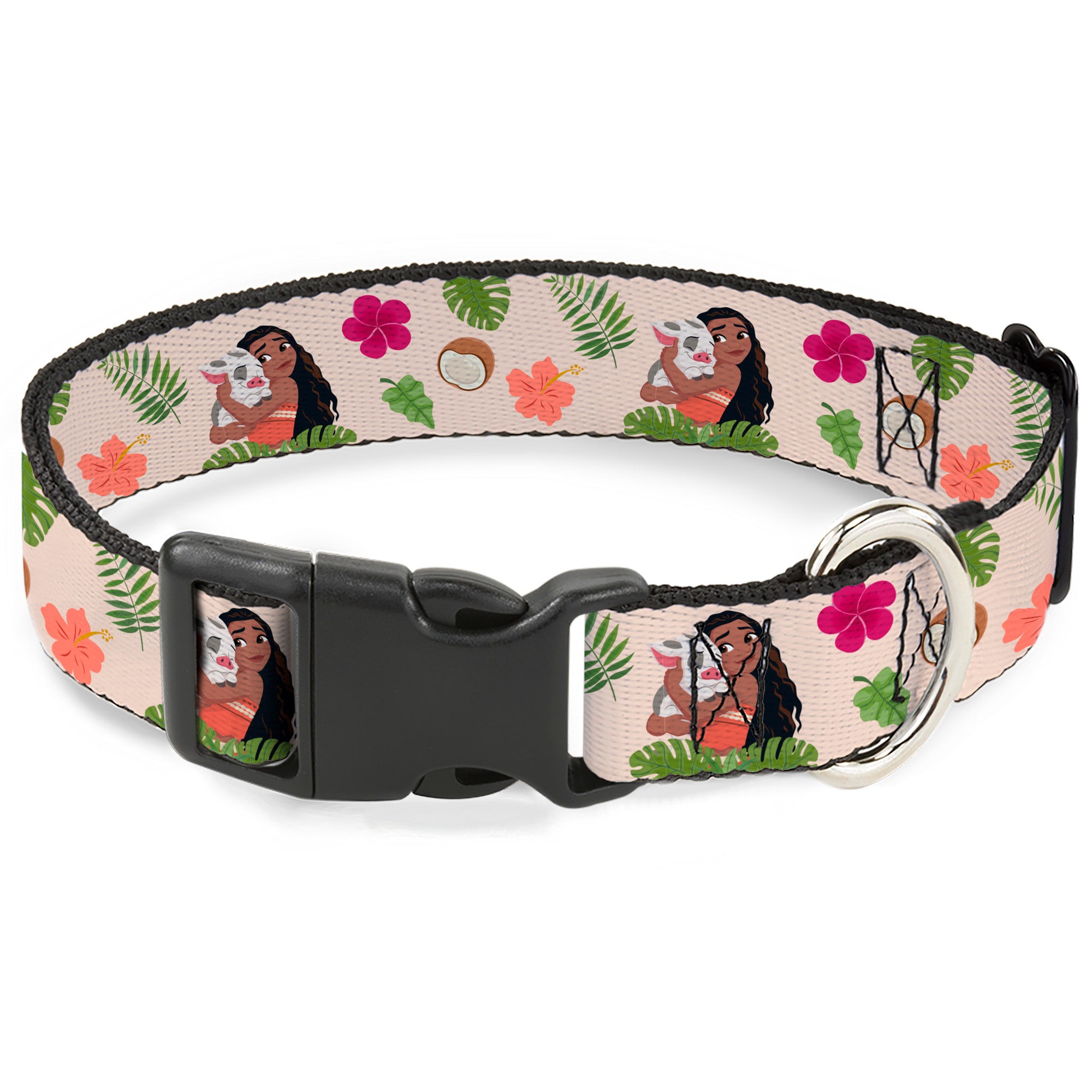 Plastic Clip Collar - Moana Hugging Pua Pose and Tropical Flora Beige Plastic Clip Collars Disney