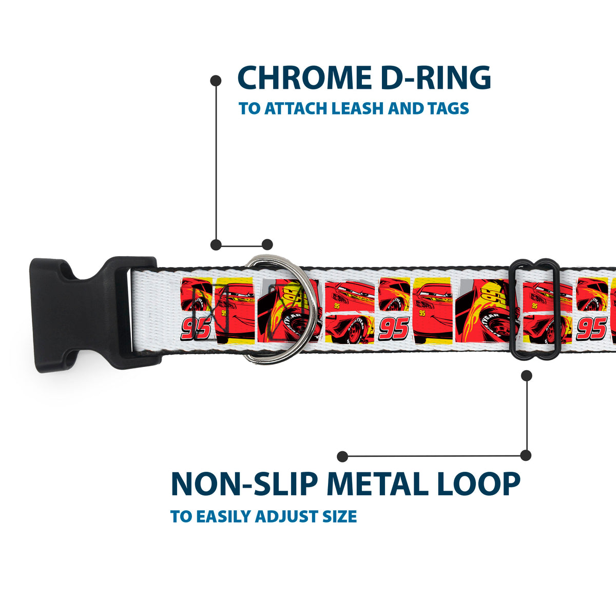Plastic Clip Collar - Cars Lightning McQueen Pose Blocks White/Red/Yellow Dog Collars Plastic Clip Side Release Disney