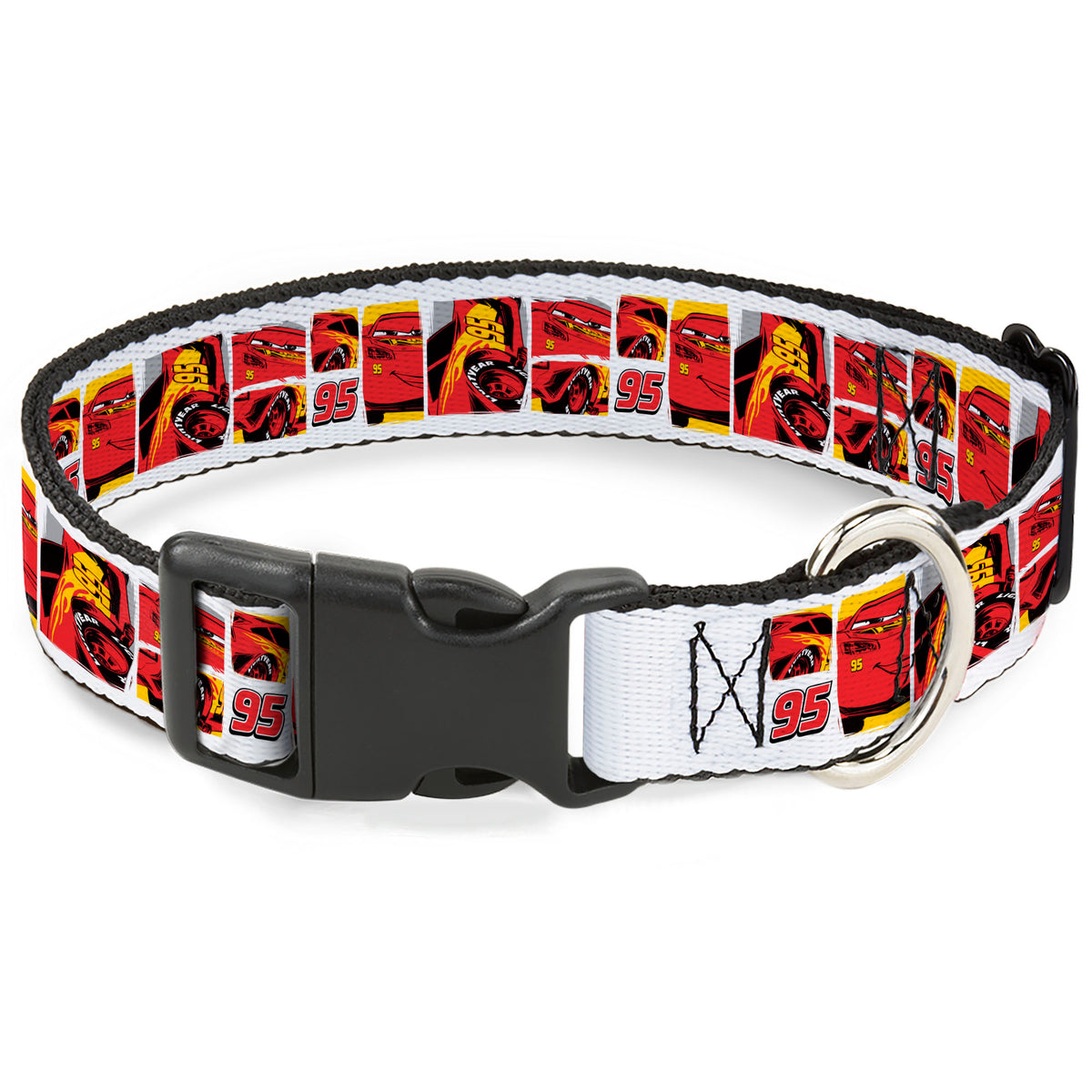 Plastic Clip Collar - Cars Lightning McQueen Pose Blocks White/Red/Yellow Dog Collars Plastic Clip Side Release Disney