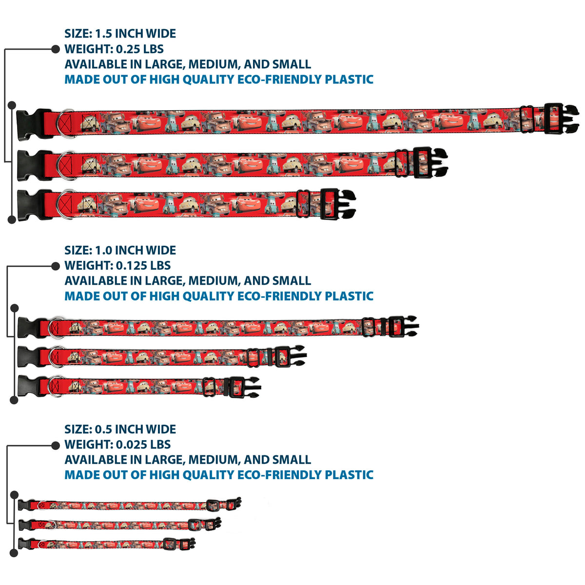 Plastic Clip Collar - Cars Four Character Group Pose Red Dog Collars Plastic Clip Side Release Disney