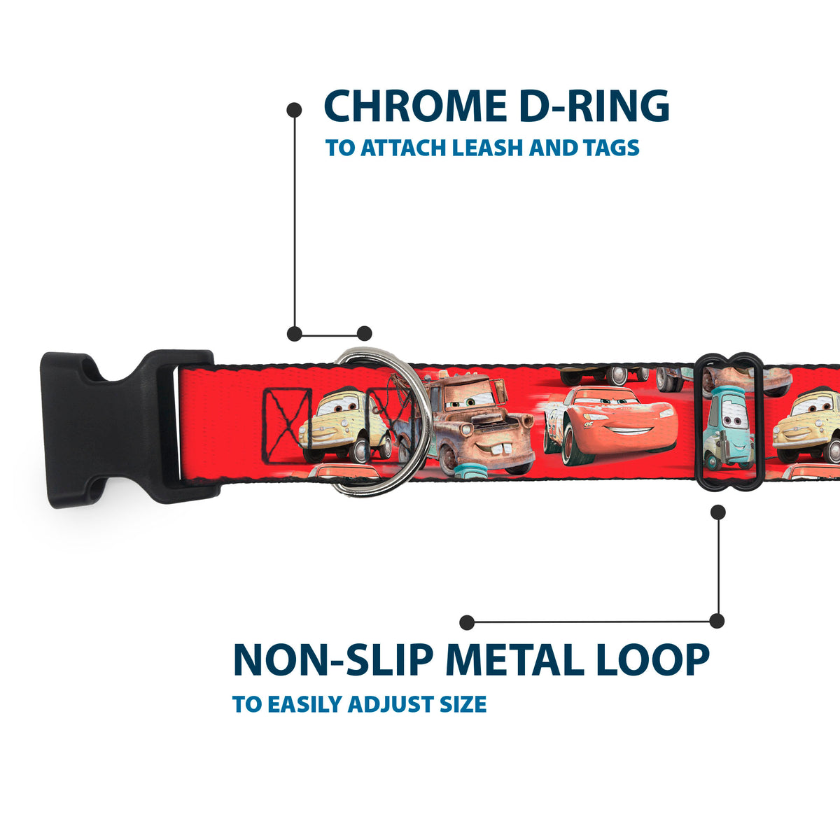 Plastic Clip Collar - Cars Four Character Group Pose Red Dog Collars Plastic Clip Side Release Disney