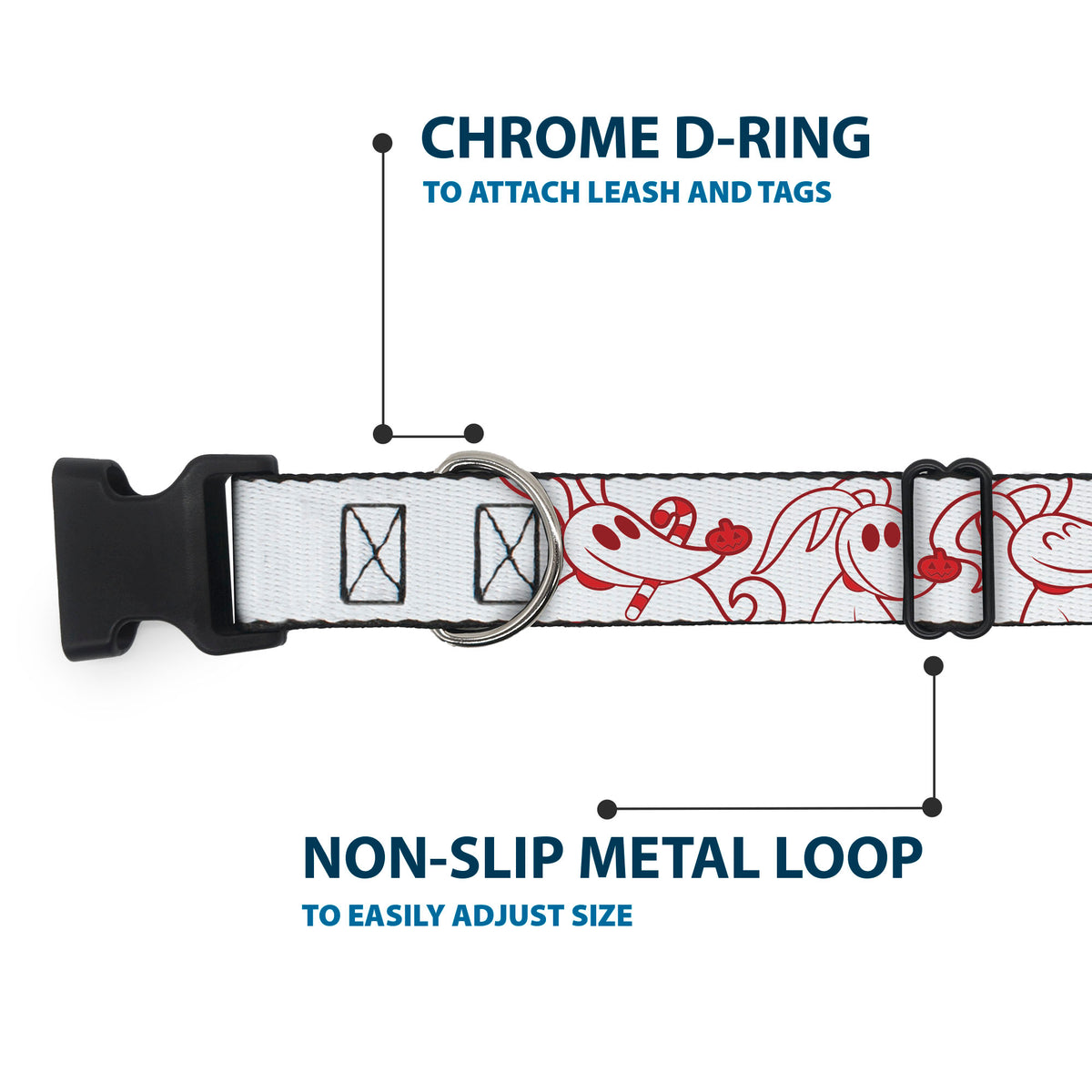 Plastic Clip Collar - The Nightmare Before Christmas Zero Candy Cane Poses White/Reds Dog Collars Plastic Clip Side Release Disney