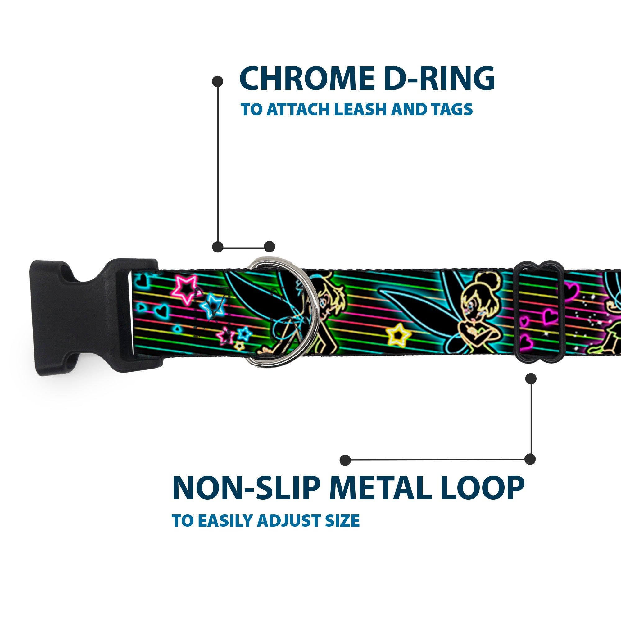 Plastic Clip Collar - Electric Tinkerbell Poses/Stripes Black/Multi Neon Plastic Clip Collars Disney