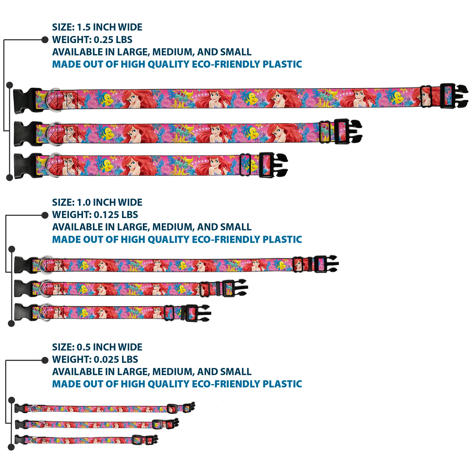 Plastic Clip Collar - Ariel/Flounder/Fish Trio Poses Pinks Plastic Clip Collars Disney