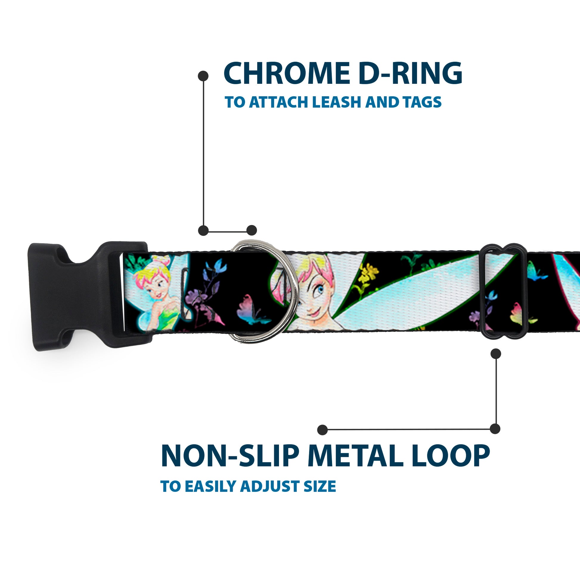 Plastic Clip Collar - Glowing Tinker Bell Poses/Butterflies & Flowers Black/Multi Neon Plastic Clip Collars Disney