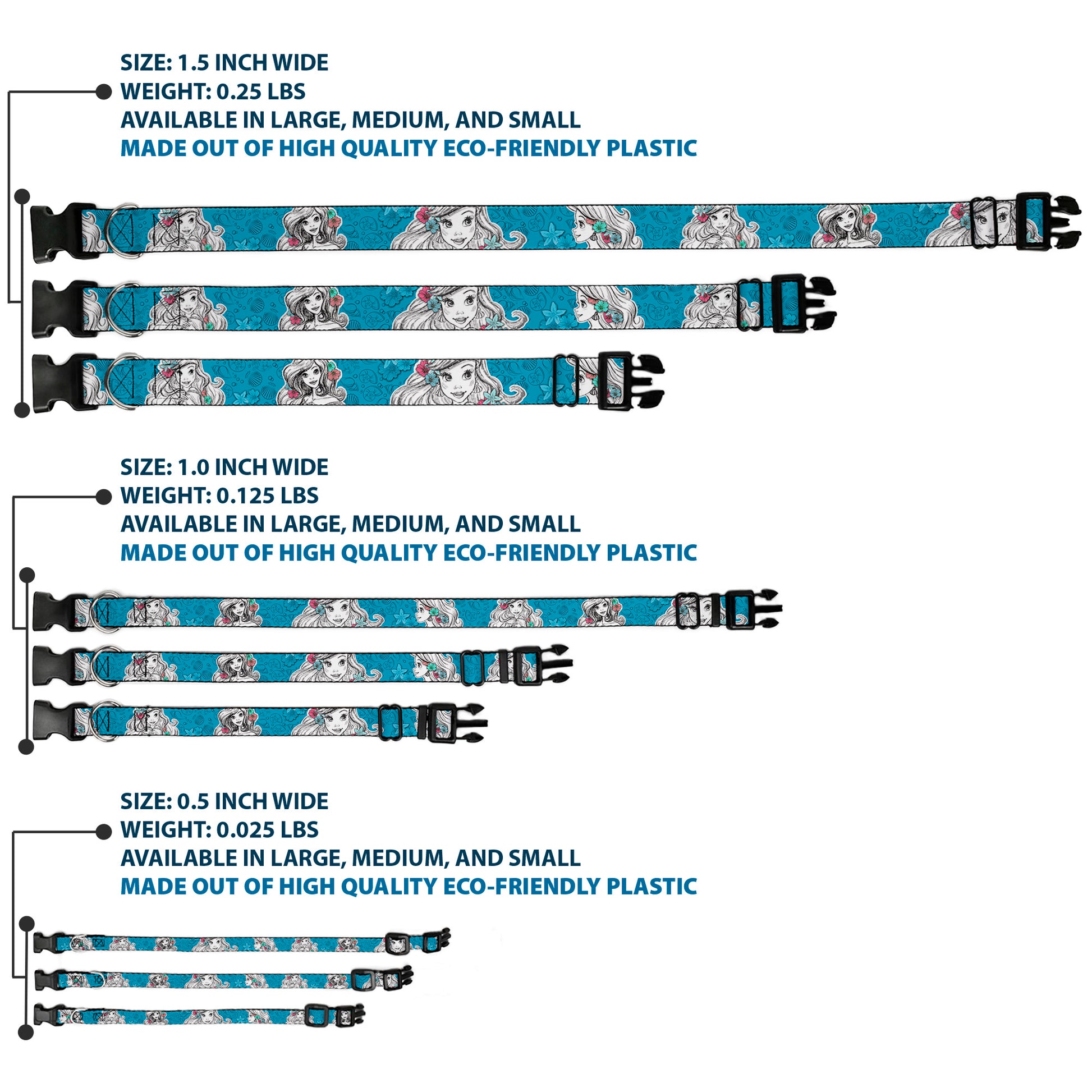 Plastic Clip Collar - Ariel Poses/Shells Sketch Blue/White Plastic Clip Collars Disney