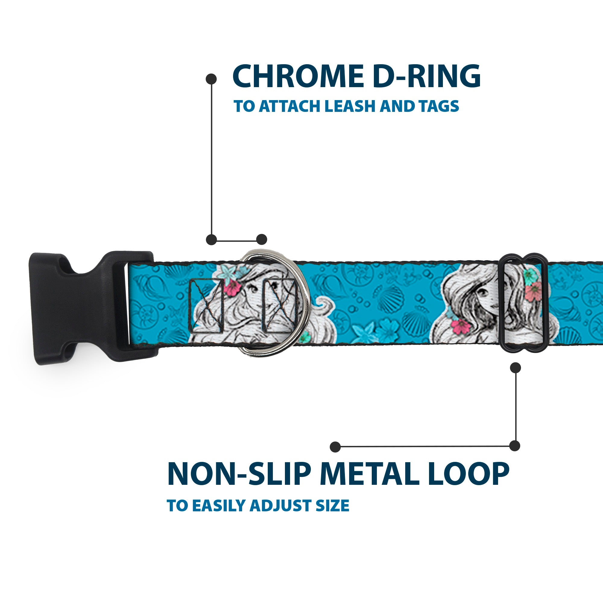 Plastic Clip Collar - Ariel Poses/Shells Sketch Blue/White Plastic Clip Collars Disney