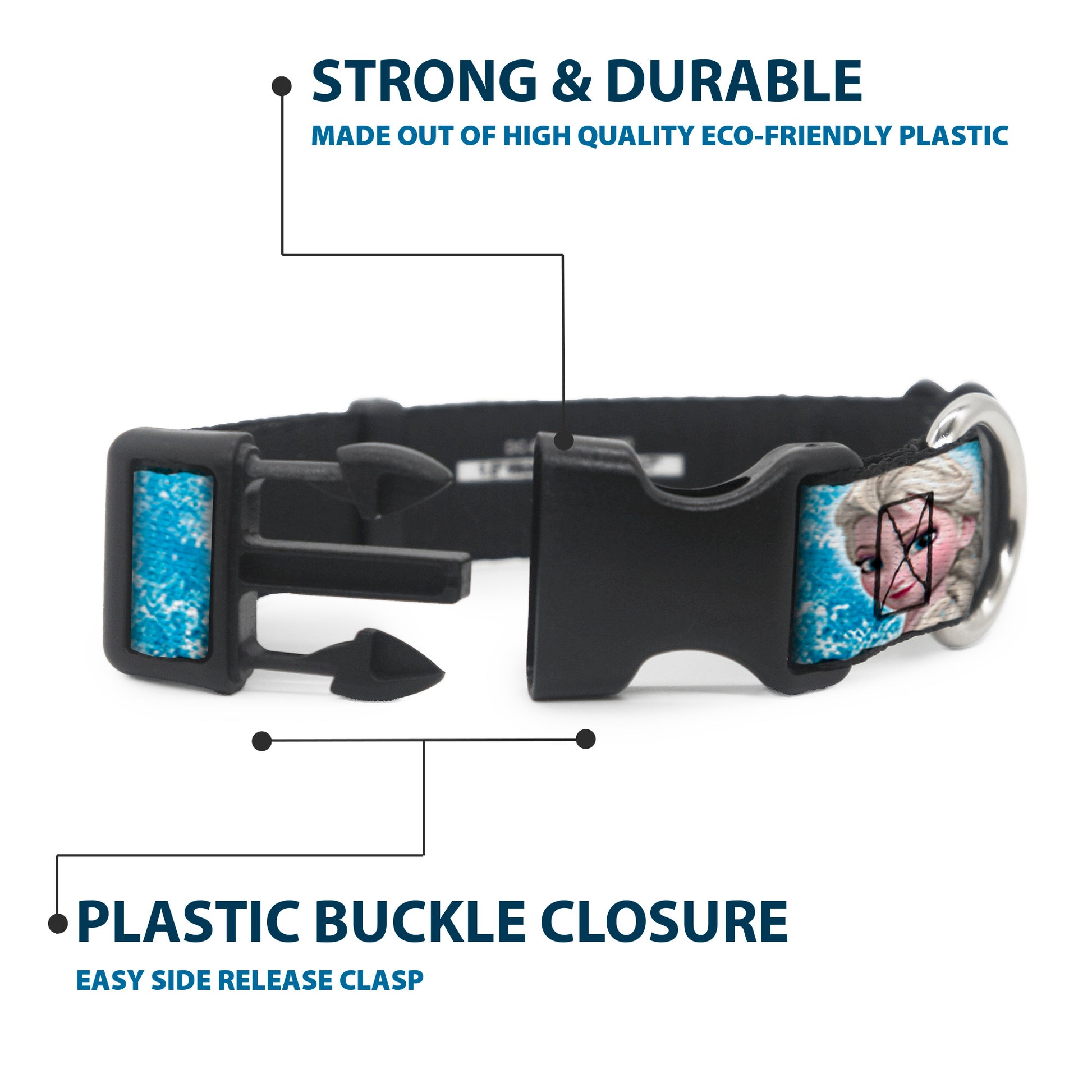 Plastic Clip Collar - Frozen Elsa Face/Action Pose/Snowflakes Blues/White Plastic Clip Collars Disney