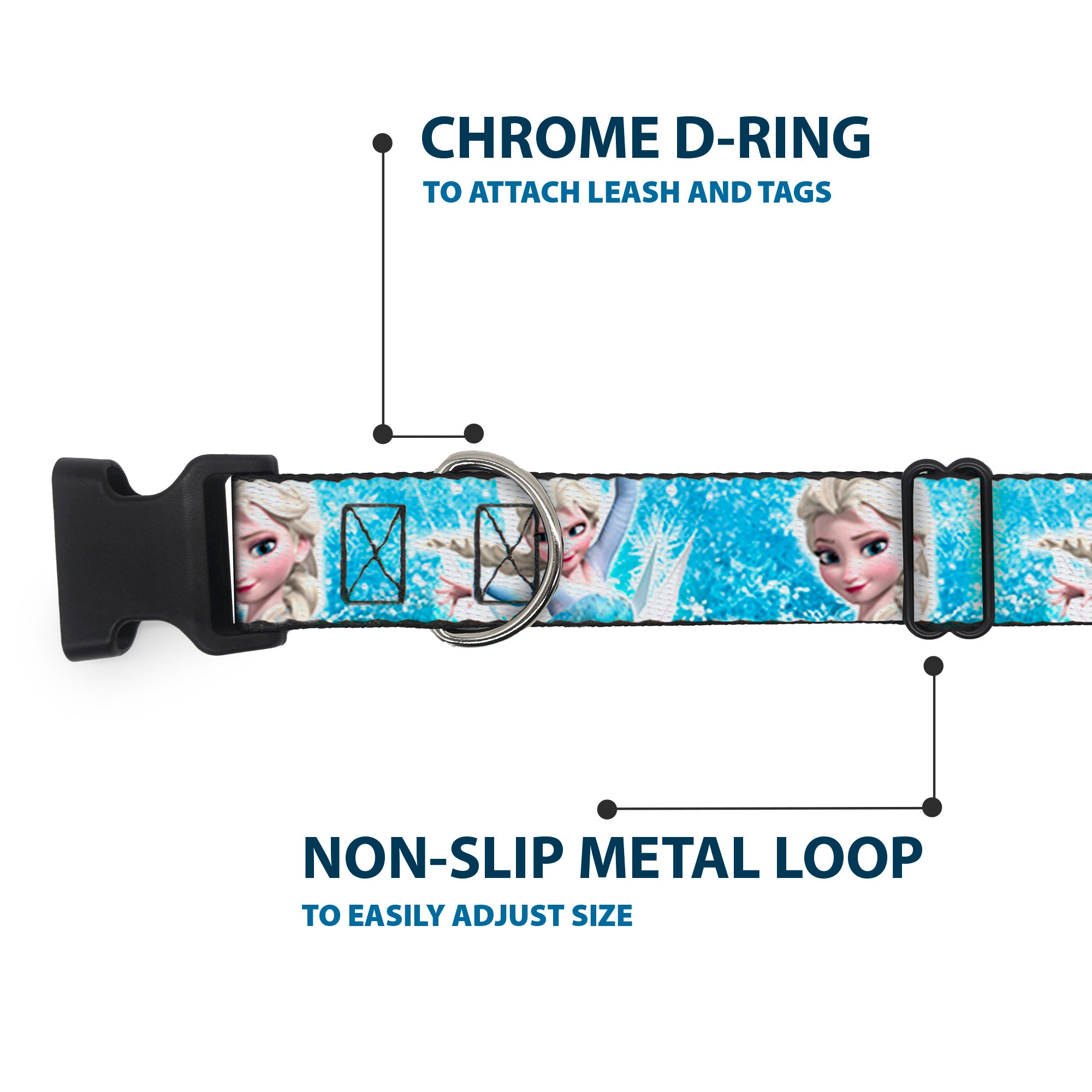 Plastic Clip Collar - Frozen Elsa Face/Action Pose/Snowflakes Blues/White Plastic Clip Collars Disney