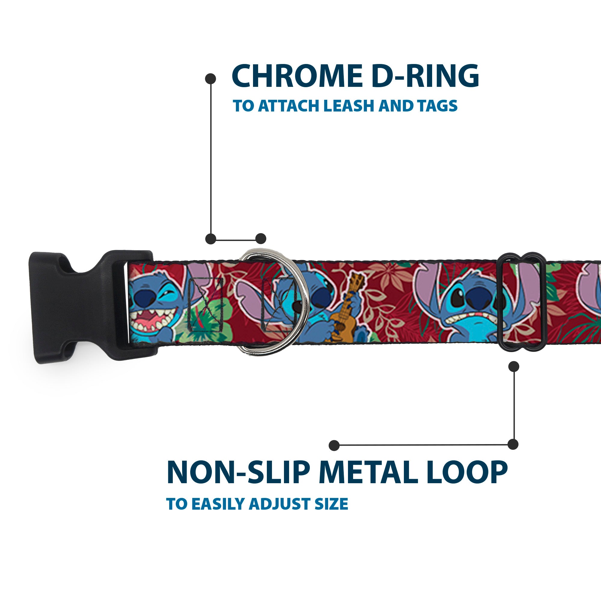 Plastic Clip Collar - Stitch 6-Expressions Tropical Flora Burgundy Reds/Greens Plastic Clip Collars Disney