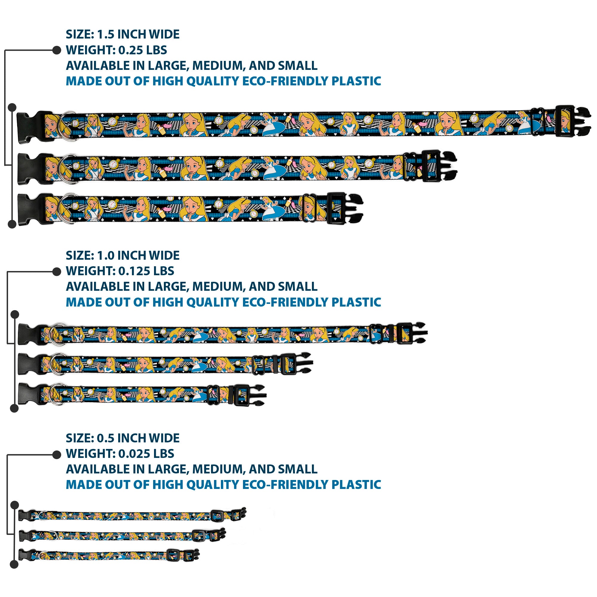 Plastic Clip Collar - Alice in Wonderland Poses/Clock/Bottle Diamond/Stripe Black/White/Blues Plastic Clip Collars Disney