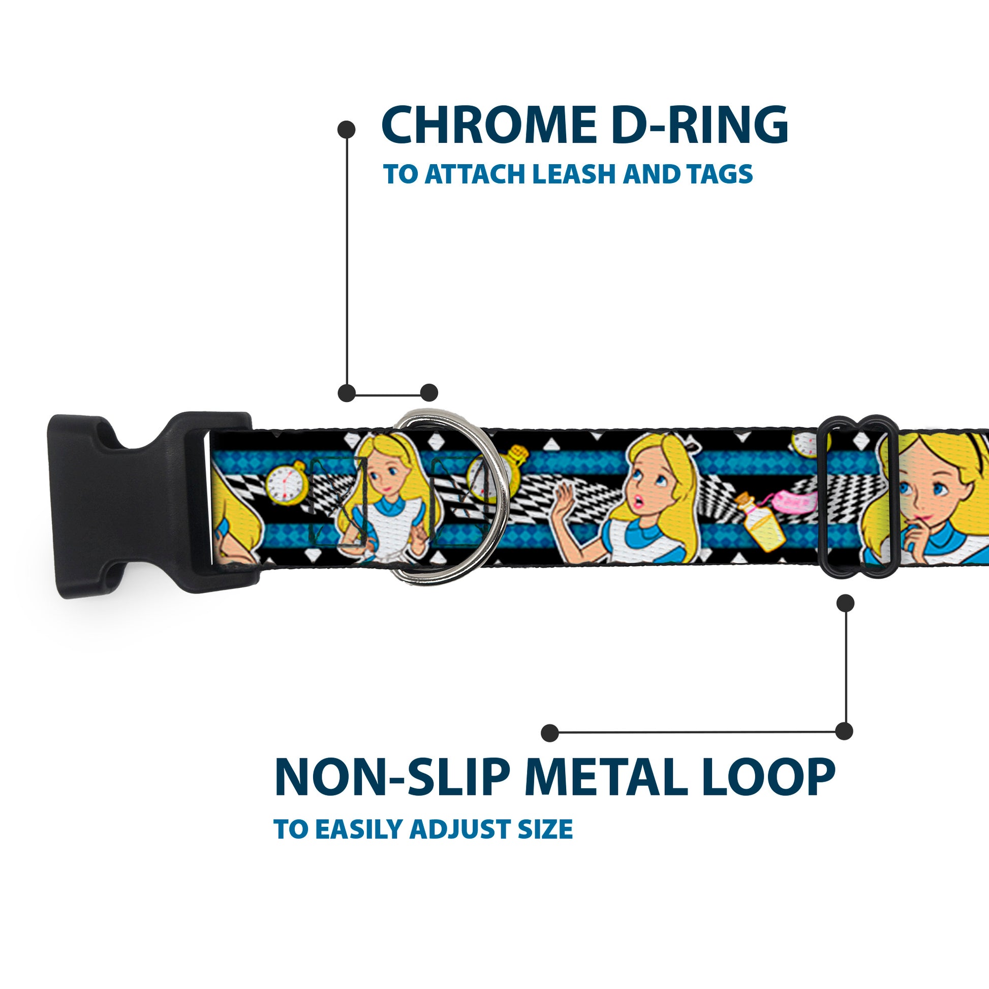 Plastic Clip Collar - Alice in Wonderland Poses/Clock/Bottle Diamond/Stripe Black/White/Blues Plastic Clip Collars Disney