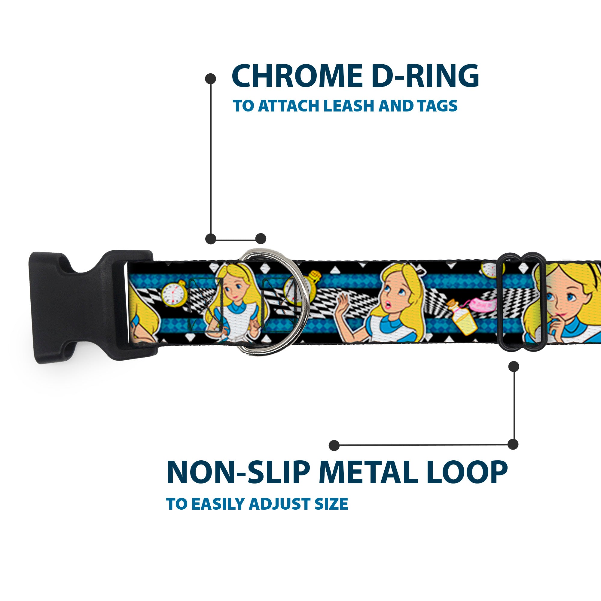 Plastic Clip Collar - Alice in Wonderland Poses/Clock/Bottle Diamond/Stripe Black/White/Blues Plastic Clip Collars Disney