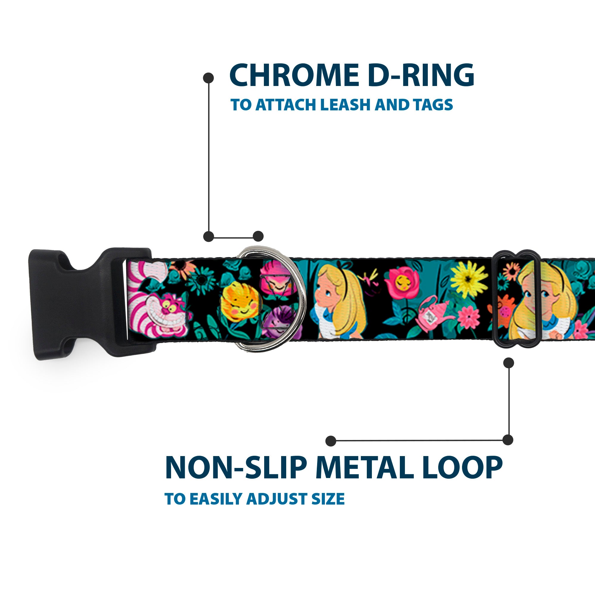 Plastic Clip Collar - Alice/Cheshire Cat/Flowers Poses Black/Multi Color Plastic Clip Collars Disney
