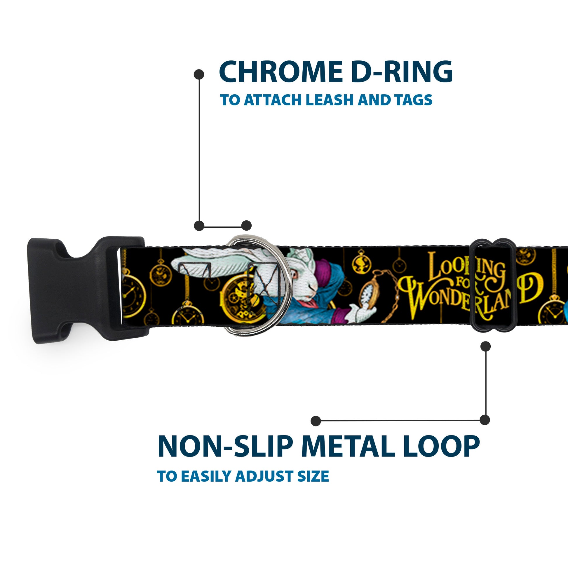 Plastic Clip Collar - White Rabbit Poses LOOKING FOR WONDERLAND/Clocks Black/Golds Plastic Clip Collars Disney