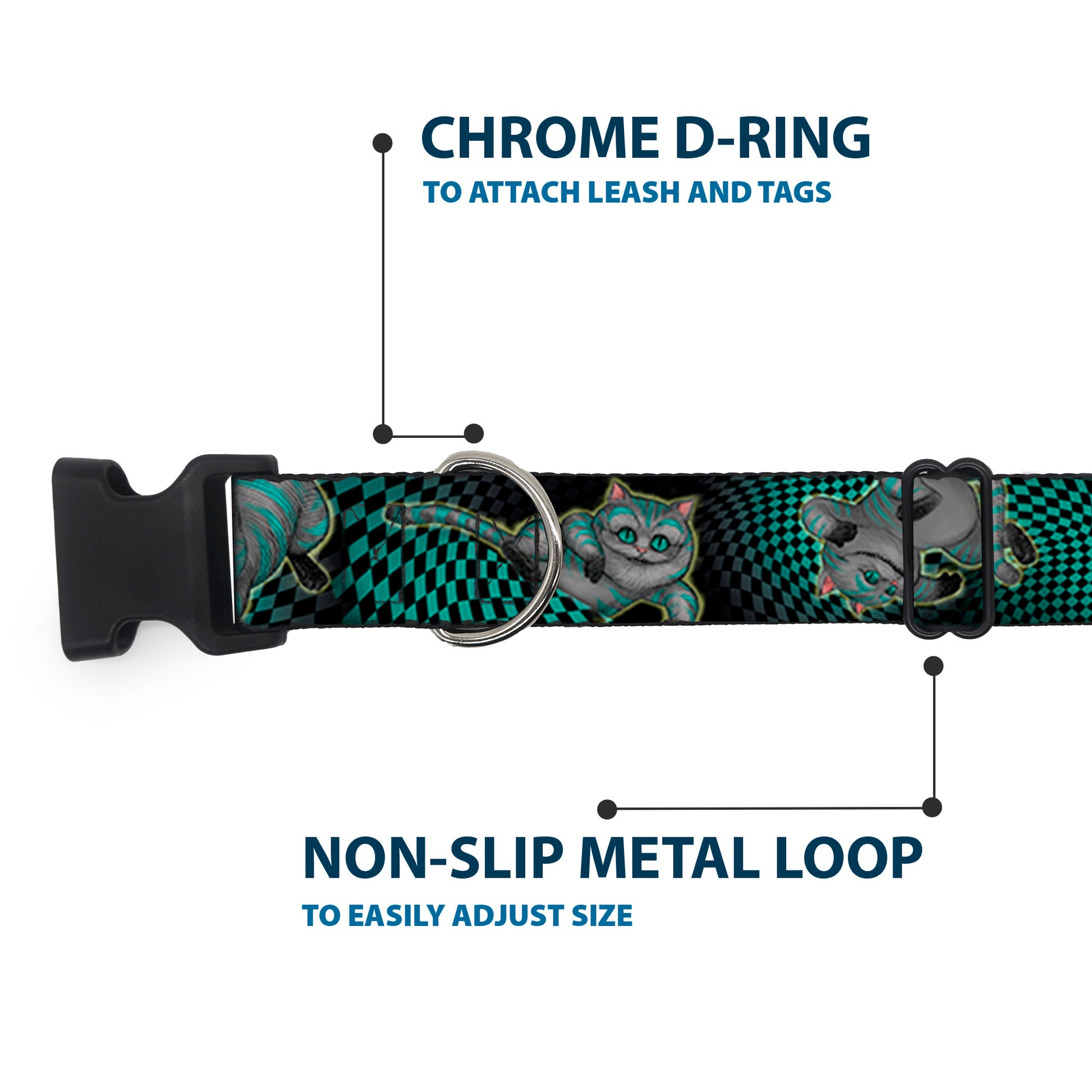 Plastic Clip Collar - Cheshire Cat 4-Poses Checkers Teal/Black Plastic Clip Collars Disney