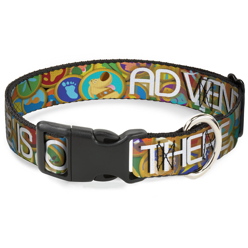 Plastic Clip Collar - ADVENTURE IS OUT THERE/Stacked Wilderness Explorer Badges Tan/Multi Color/White Plastic Clip Collars Disney
