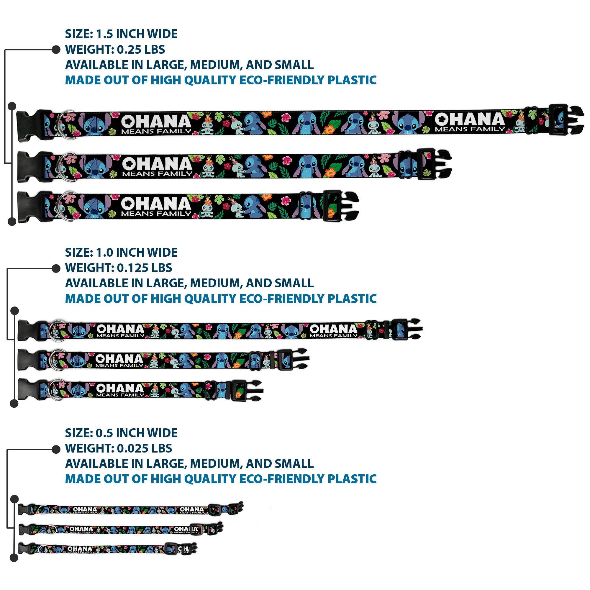Plastic Clip Collar - OHANA MEANS FAMILY/Stitch & Scrump Poses/Tropical Flora Black/White/Multi Color Plastic Clip Collars Disney
