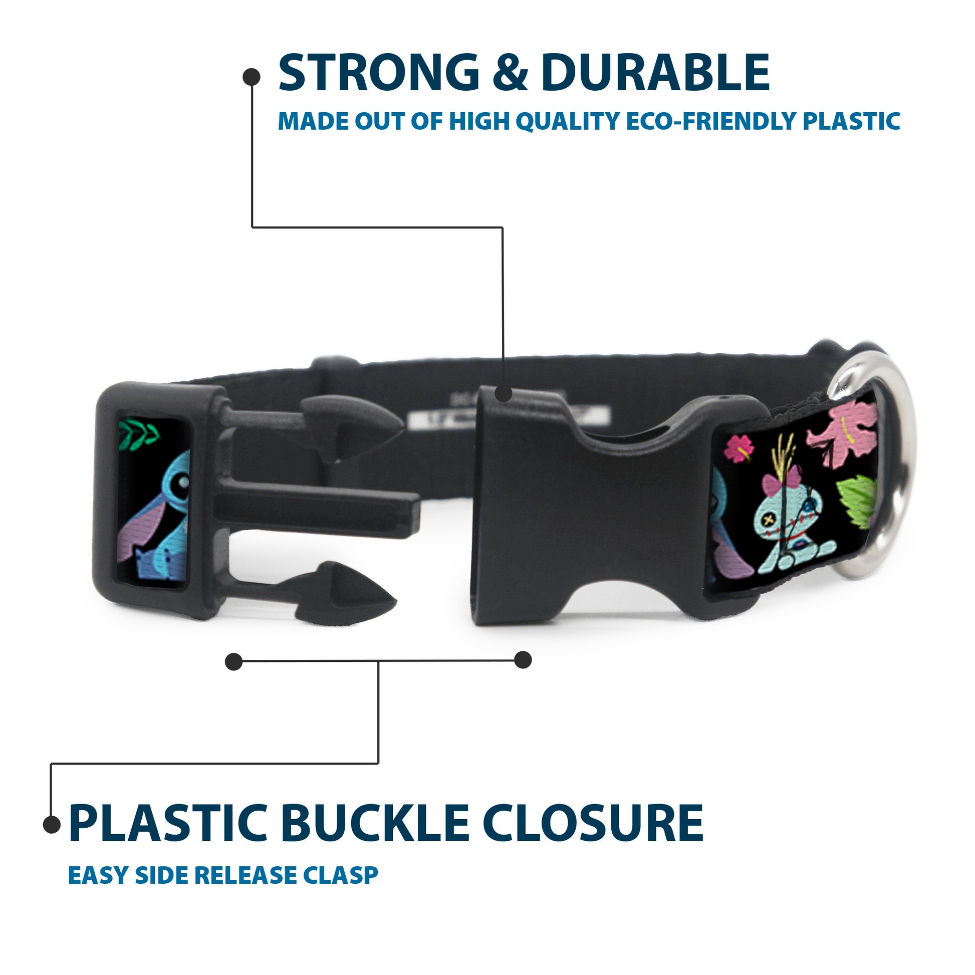 Plastic Clip Collar - OHANA MEANS FAMILY/Stitch & Scrump Poses/Tropical Flora Black/White/Multi Color Plastic Clip Collars Disney