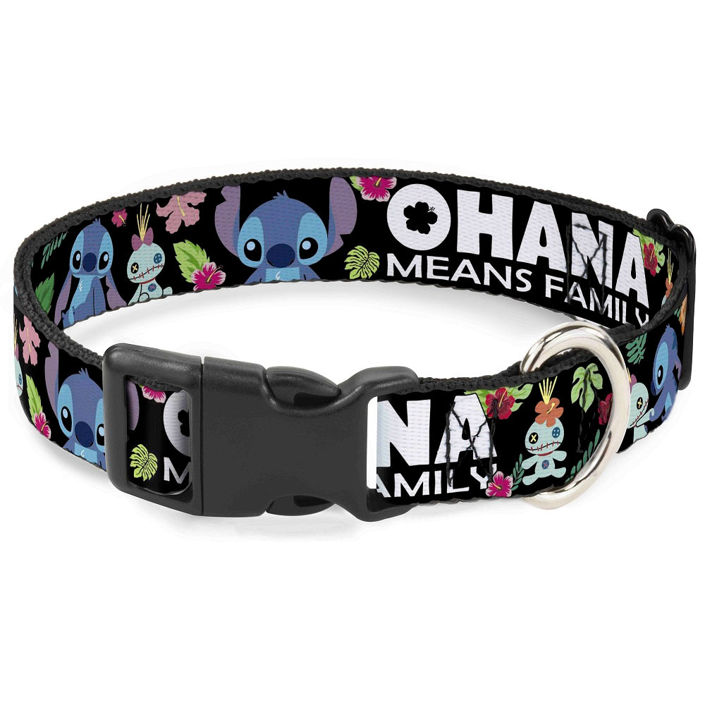 Plastic Clip Collar - OHANA MEANS FAMILY/Stitch & Scrump Poses/Tropical Flora Black/White/Multi Color Plastic Clip Collars Disney