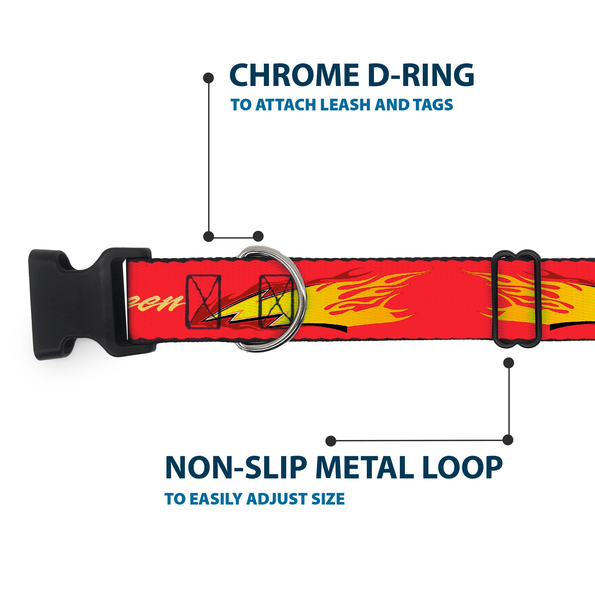 Plastic Clip Collar - Cars LIGHTNING MC QUEEN Text with Bolt Flames Red/Yellows Plastic Clip Collars Disney