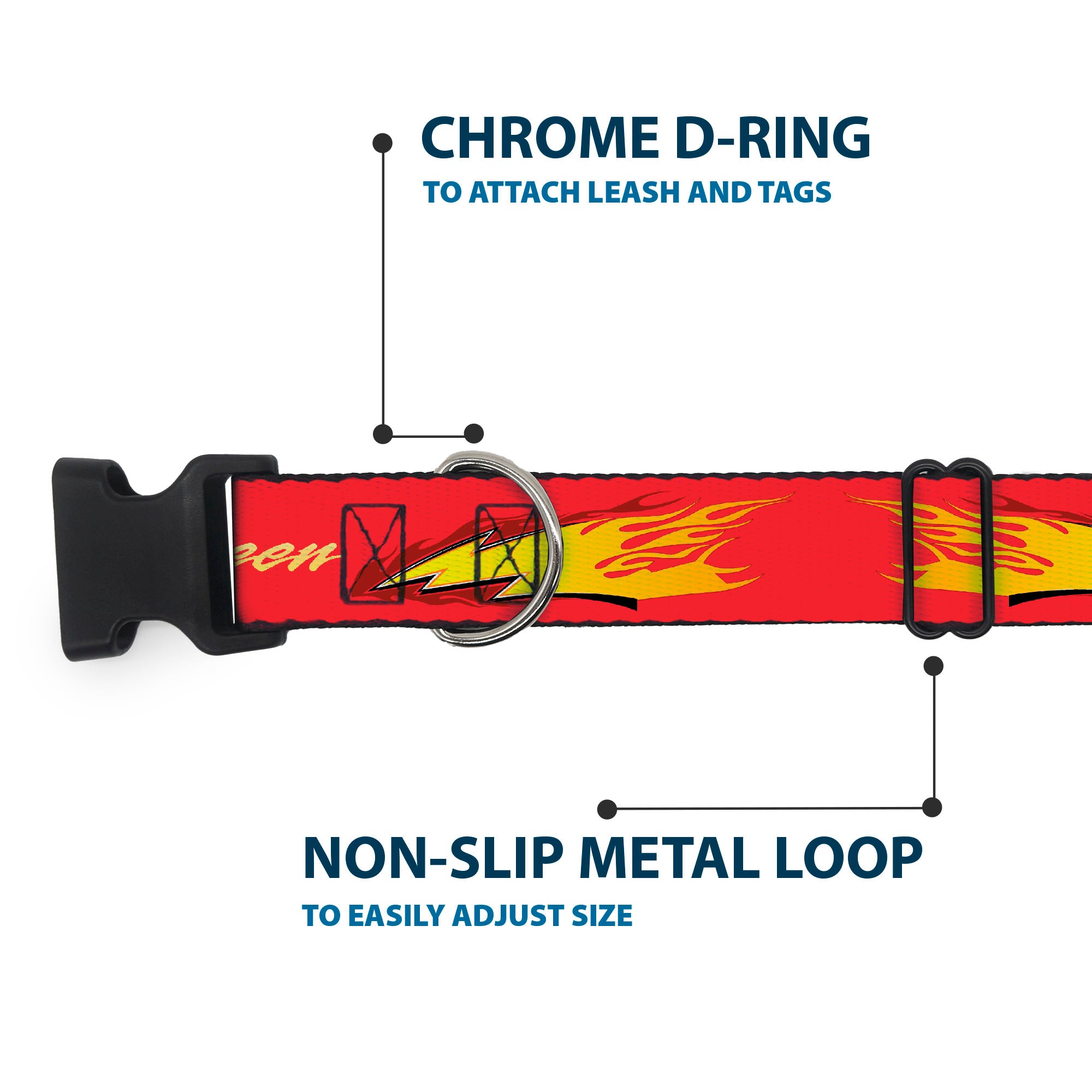 Plastic Clip Collar - Cars LIGHTNING MC QUEEN Text with Bolt Flames Red/Yellows Plastic Clip Collars Disney