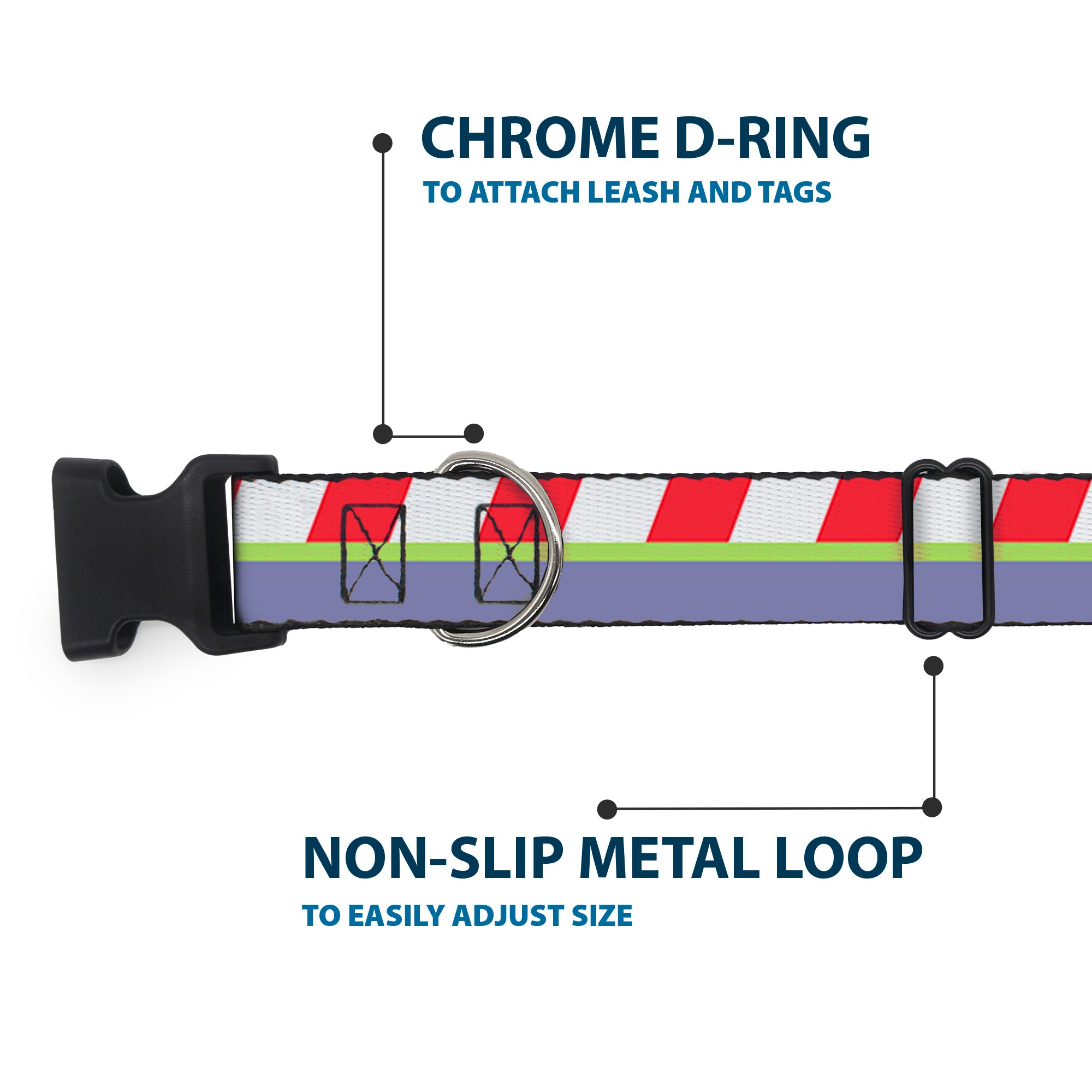 Plastic Clip Collar - Toy Story Buzz Lightyear Bounding Striping Red/White/Green/Purple Plastic Clip Collars Disney