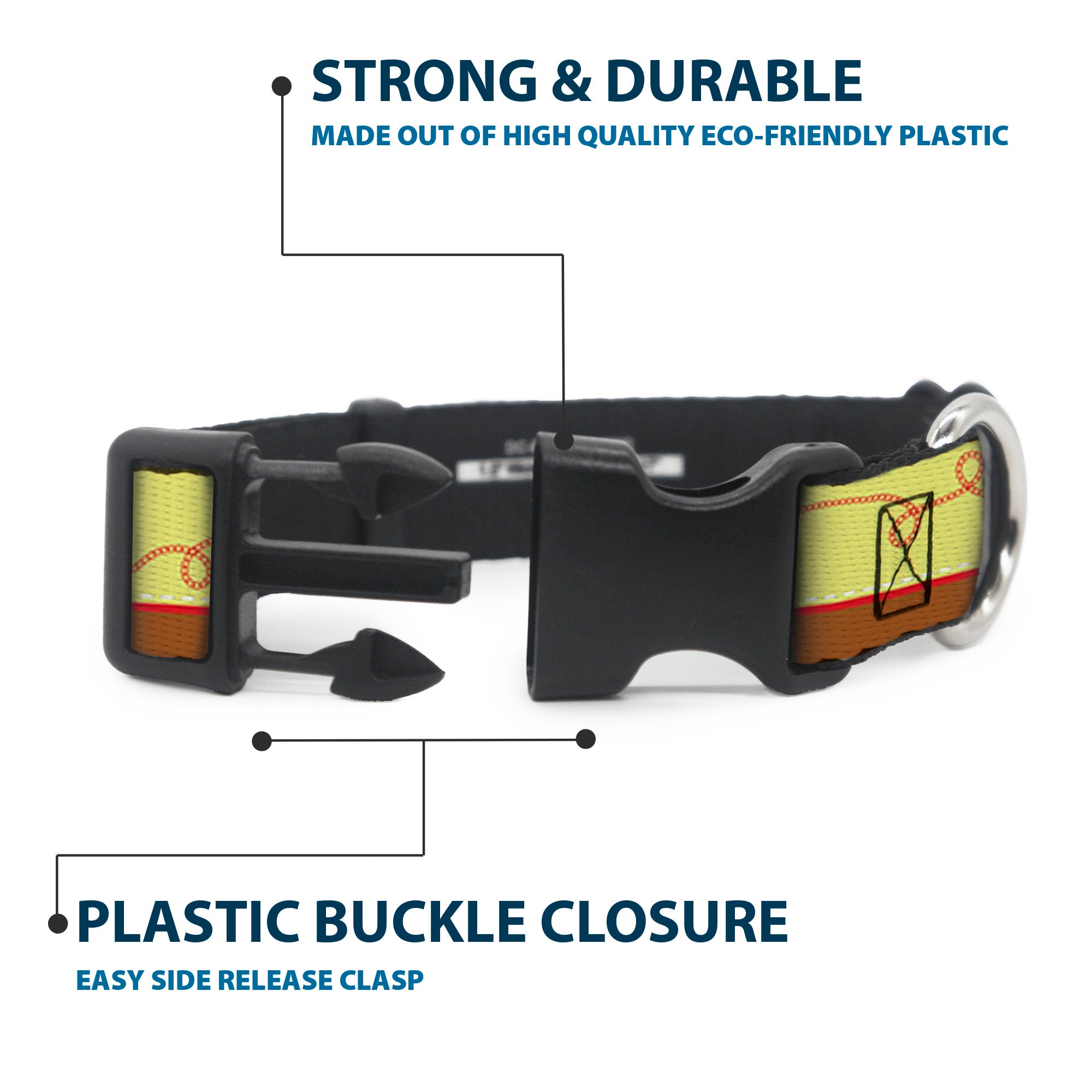 Plastic Clip Collar - Toy Story Woody Bounding Cowboy Buckle Stripe Yellow/Red/Brown Plastic Clip Collars Disney