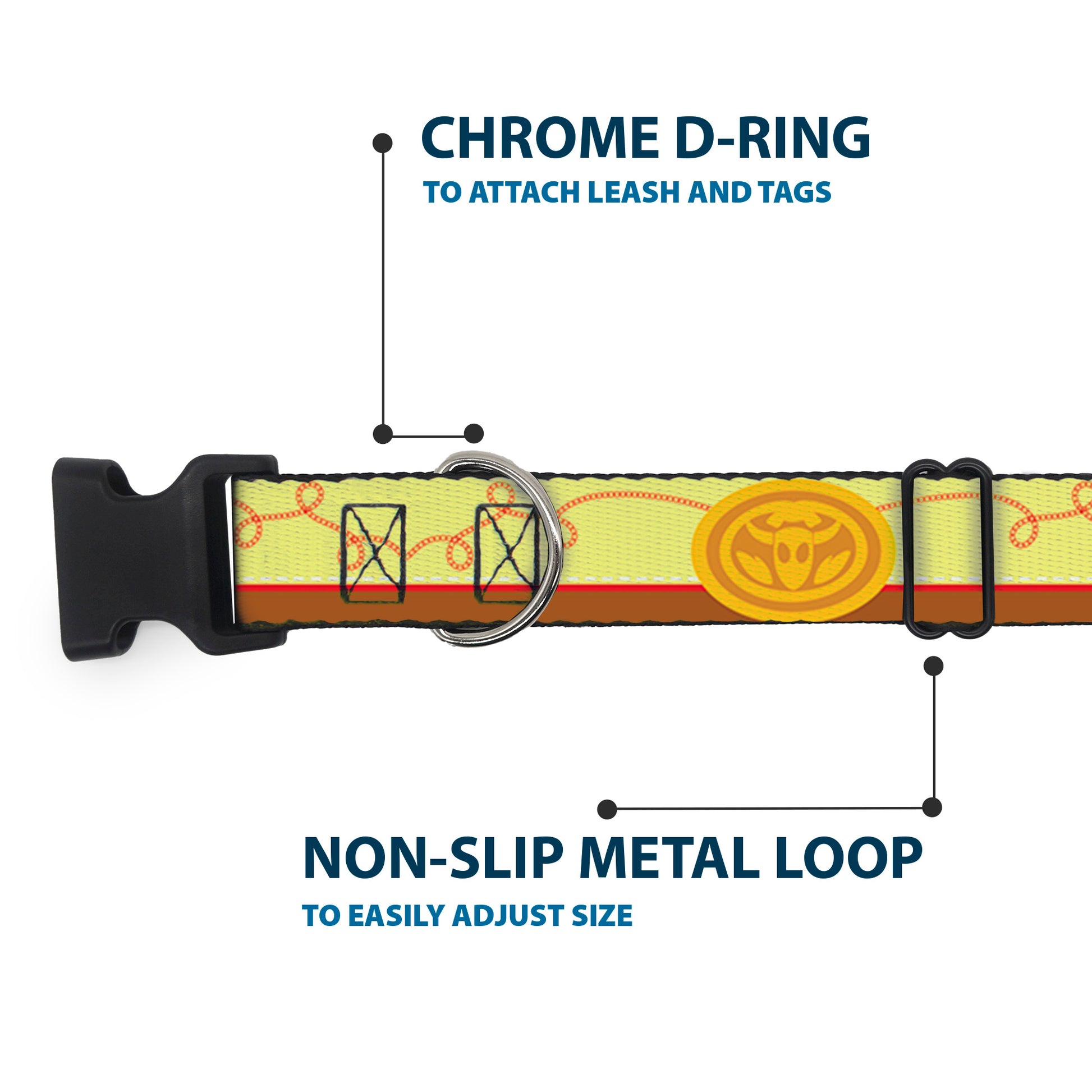 Plastic Clip Collar - Toy Story Woody Bounding Cowboy Buckle Stripe Yellow/Red/Brown Plastic Clip Collars Disney