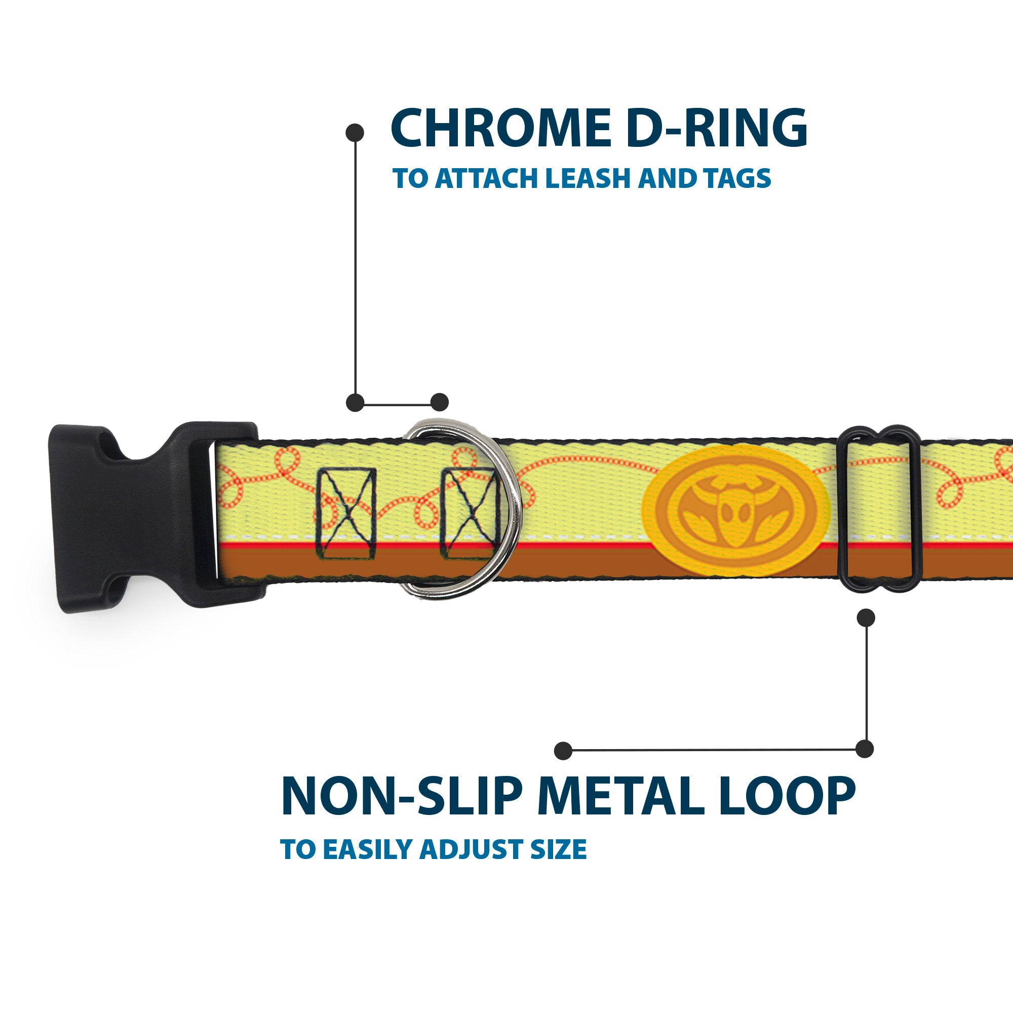 Plastic Clip Collar - Toy Story Woody Bounding Cowboy Buckle Stripe Yellow/Red/Brown Plastic Clip Collars Disney