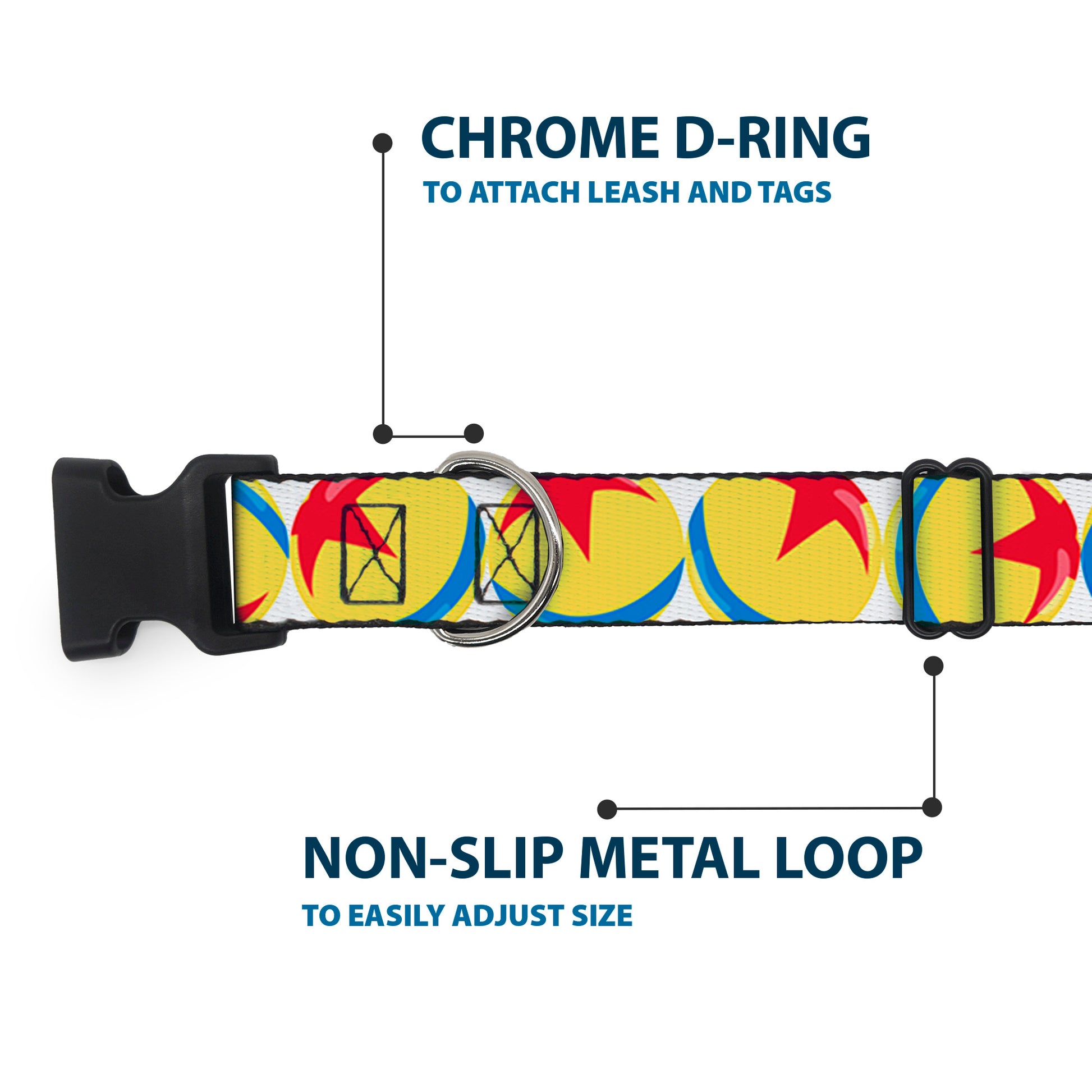 Plastic Clip Collar - Disney Pixar Luxo Ball Repeat White/Yellow/Blue/Red Plastic Clip Collars Disney