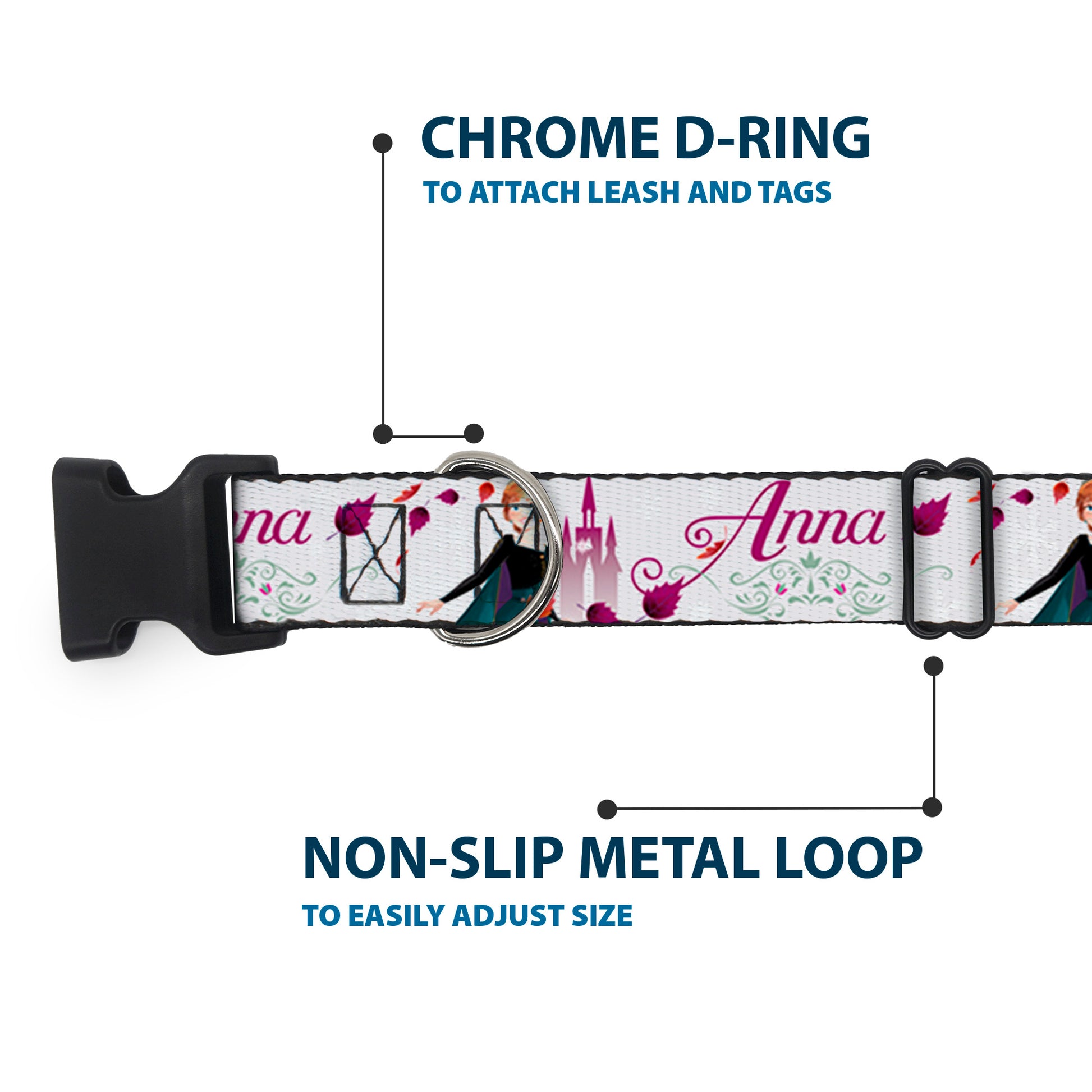 Plastic Clip Collar - Frozen Anna Castle Pose with Flowers and Script Grays/Pinks Plastic Clip Collars Disney