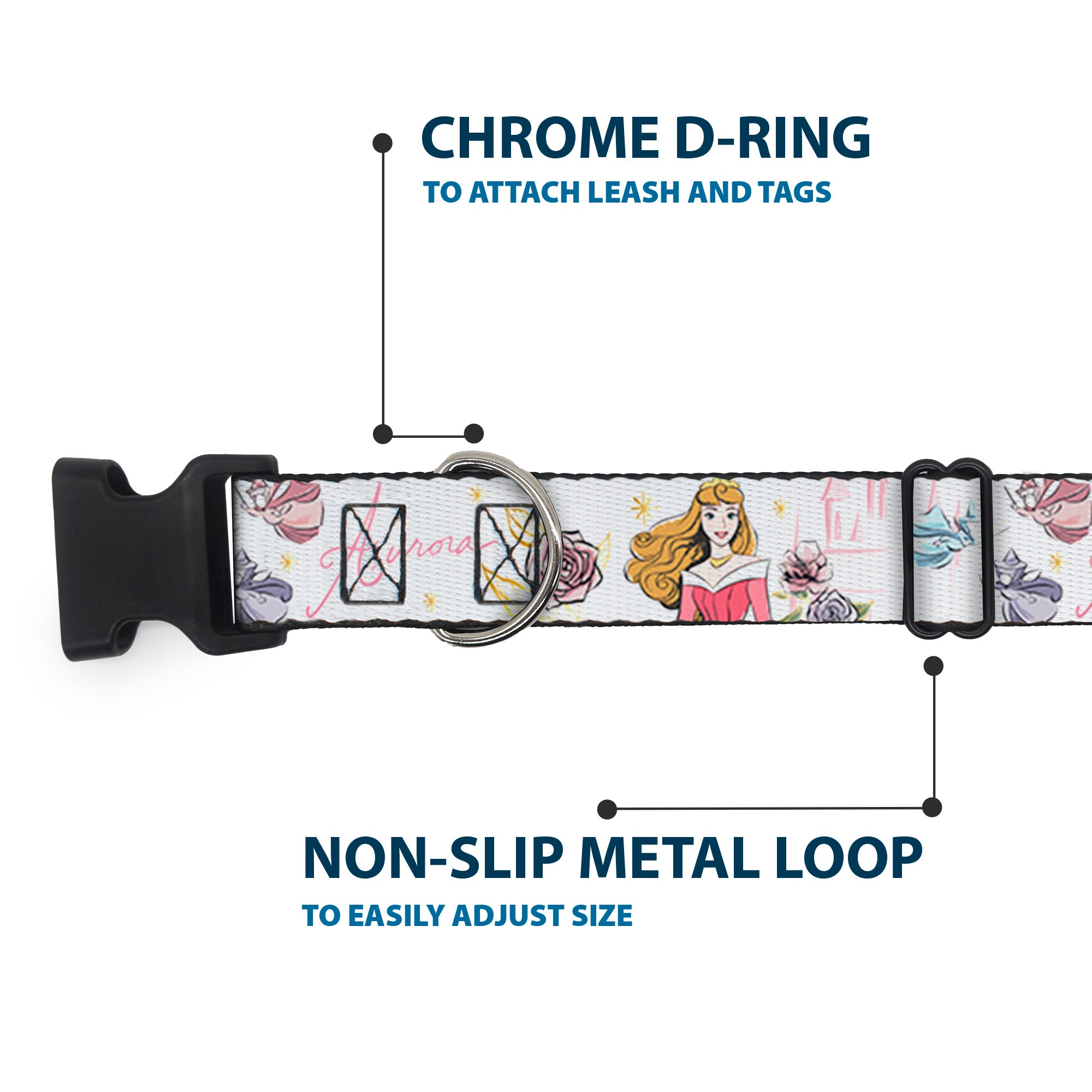 Plastic Clip Collar - Sleeping Beauty Aurora Castle and Fairy Godmothers Pose with Script and Flowers White/Pinks Plastic Clip Collars Disney