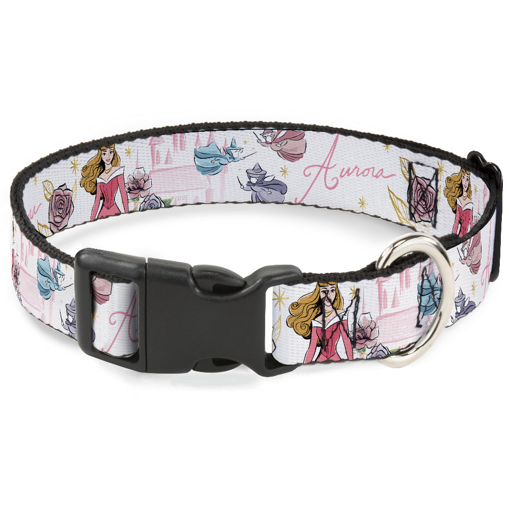 Plastic Clip Collar - Sleeping Beauty Aurora Castle and Fairy Godmothers Pose with Script and Flowers White/Pinks Plastic Clip Collars Disney