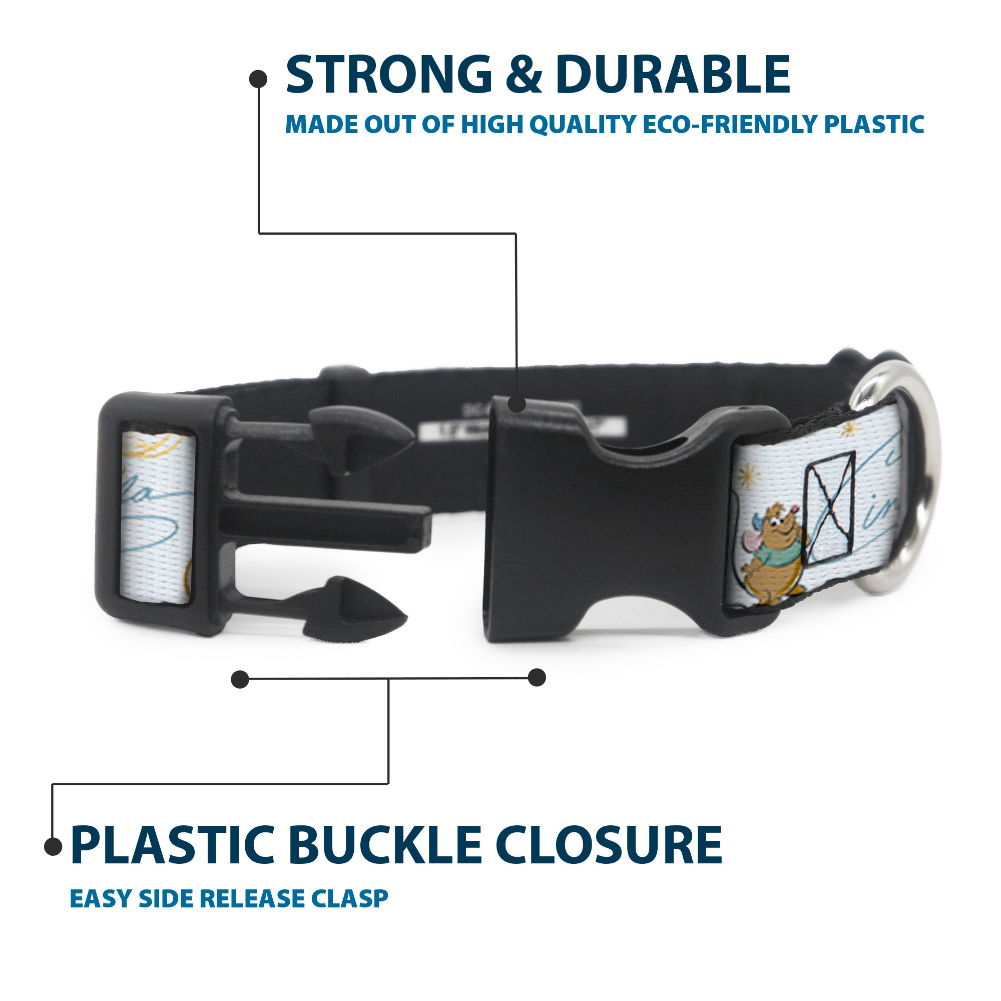 Plastic Clip Collar - Cinderella Pumpkin Coach and Mice Pose with Script White/Blues Plastic Clip Collars Disney