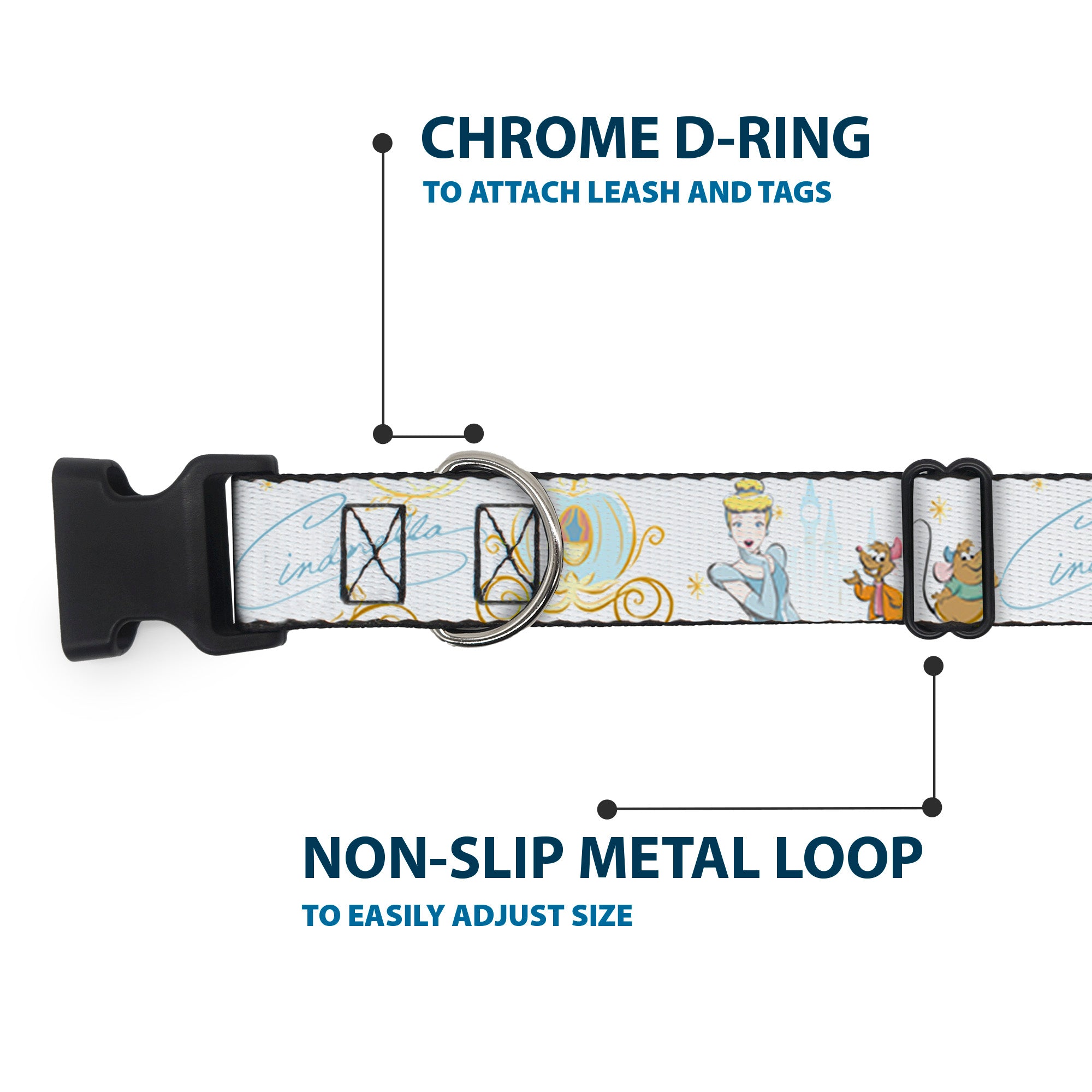 Plastic Clip Collar - Cinderella Pumpkin Coach and Mice Pose with Script White/Blues Plastic Clip Collars Disney