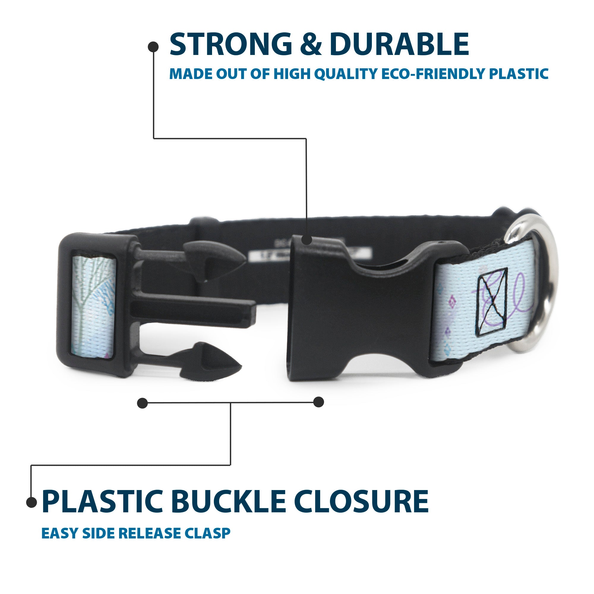 Plastic Clip Collar - Frozen Elsa Snowflake Pose with Trees and Script Blues/Purples Plastic Clip Collars Disney