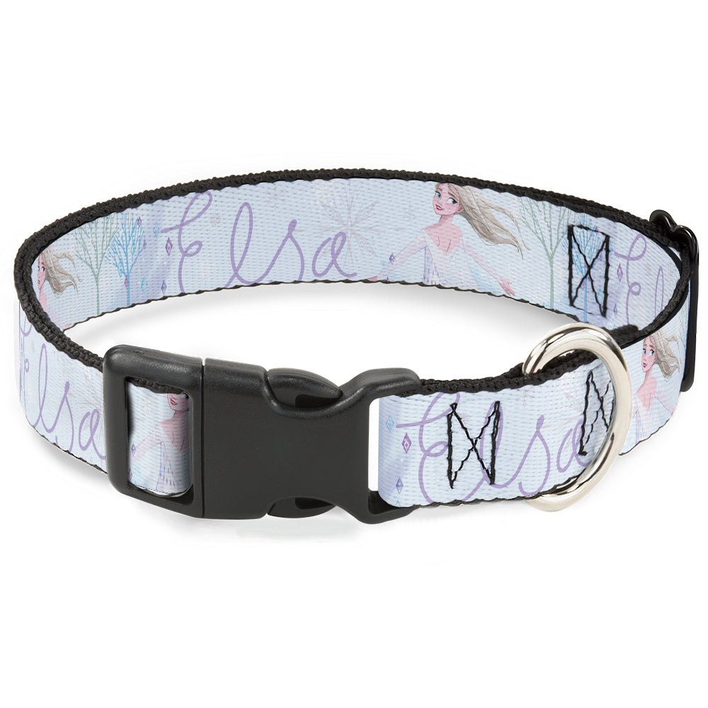 Plastic Clip Collar - Frozen Elsa Snowflake Pose with Trees and Script Blues/Purples Plastic Clip Collars Disney