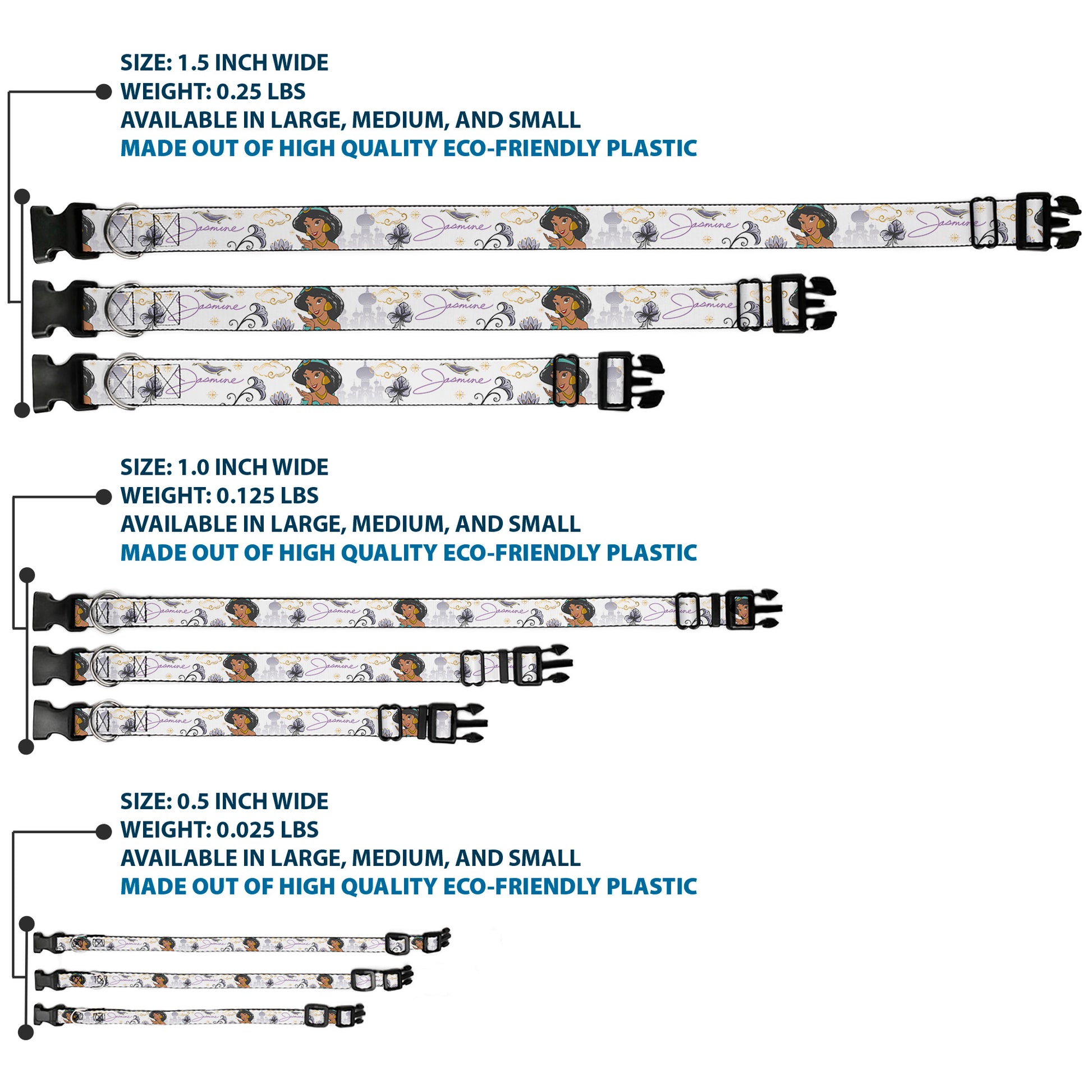 Plastic Clip Collar - Aladdin Jasmine Palace Pose with Script and Flowers White/Purples Plastic Clip Collars Disney