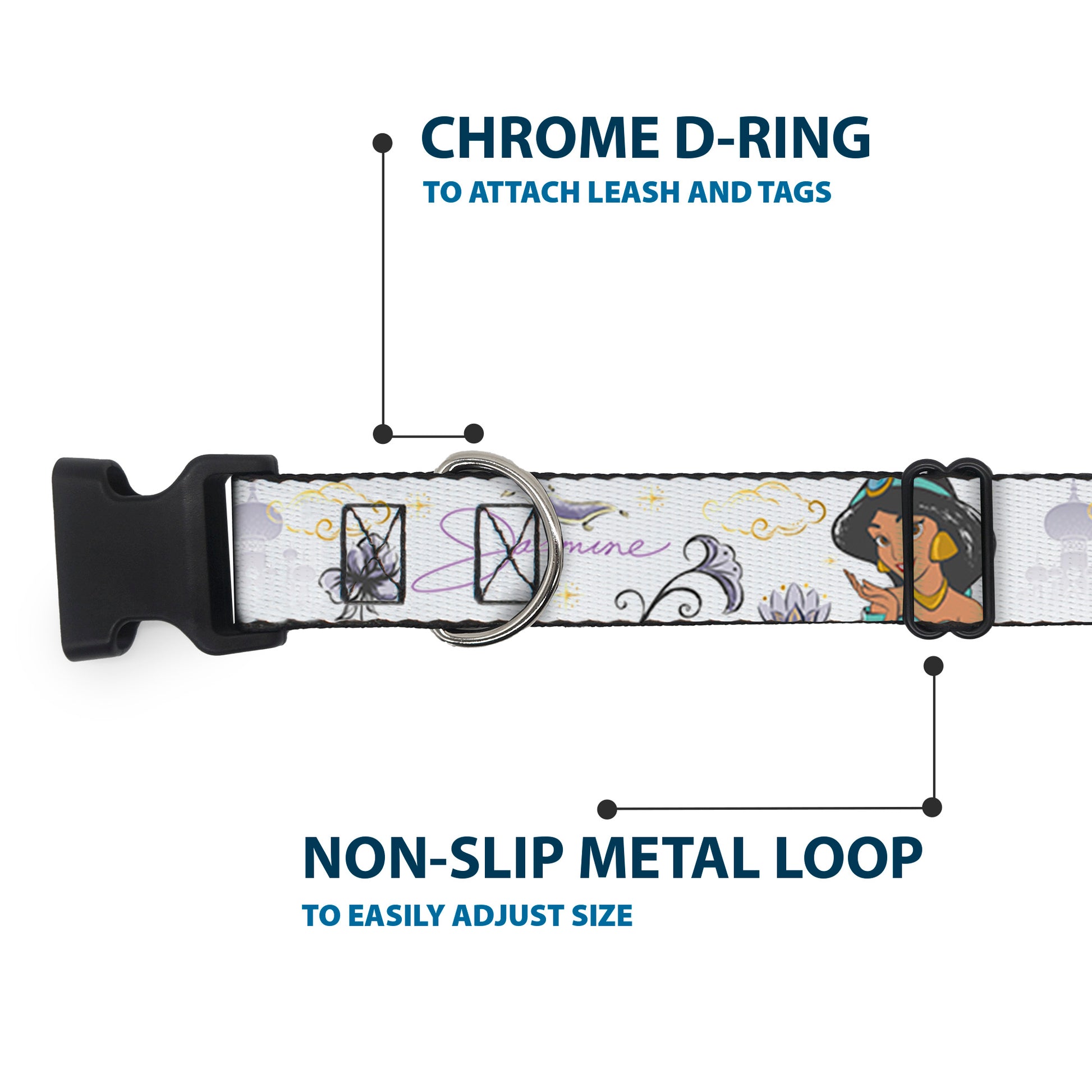 Plastic Clip Collar - Aladdin Jasmine Palace Pose with Script and Flowers White/Purples Plastic Clip Collars Disney