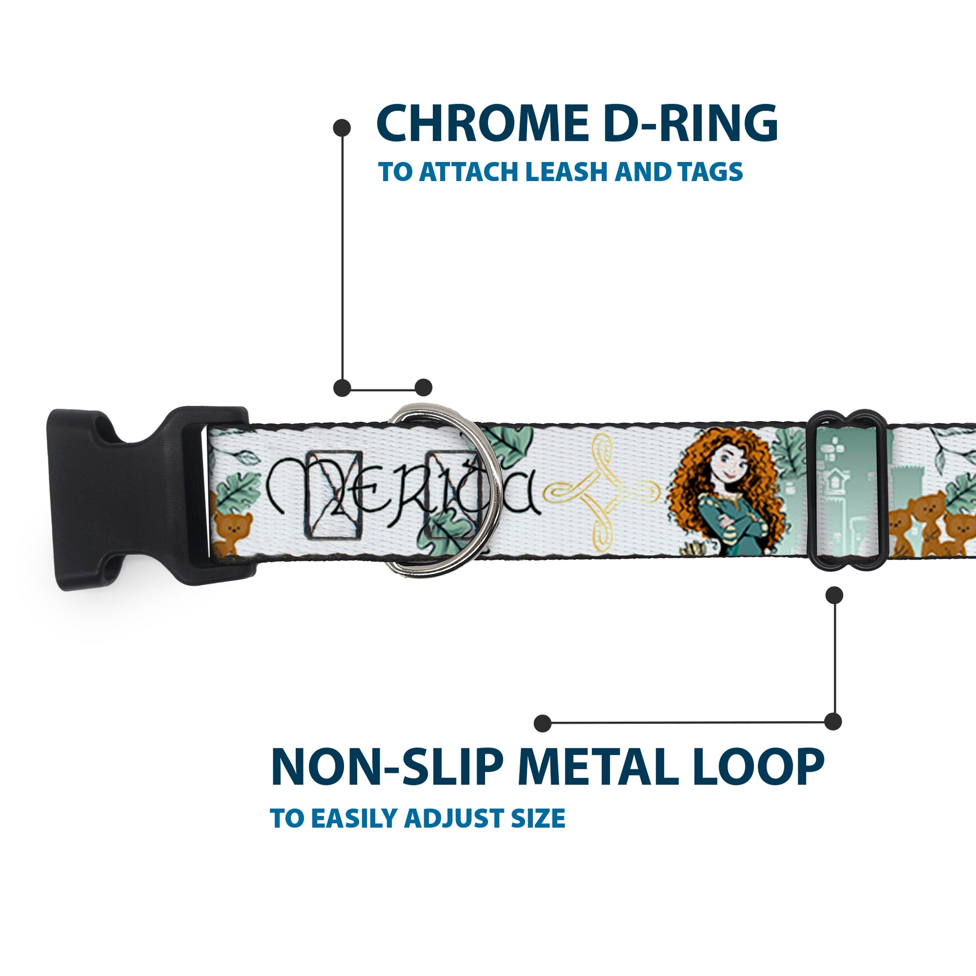 Plastic Clip Collar - Brave Merida Castle and Three Bear Brothers Pose with Script Greens Plastic Clip Collars Disney