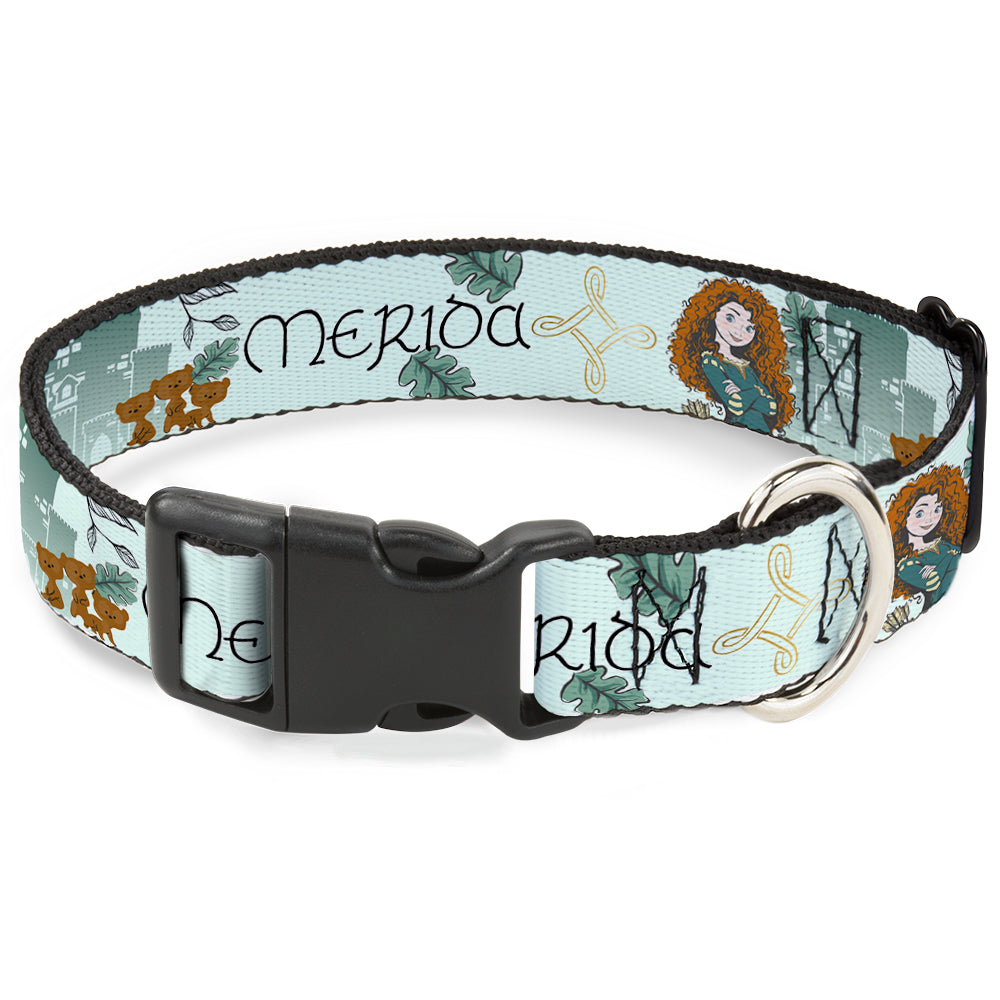 Plastic Clip Collar - Brave Merida Castle and Three Bear Brothers Pose with Script Greens Plastic Clip Collars Disney