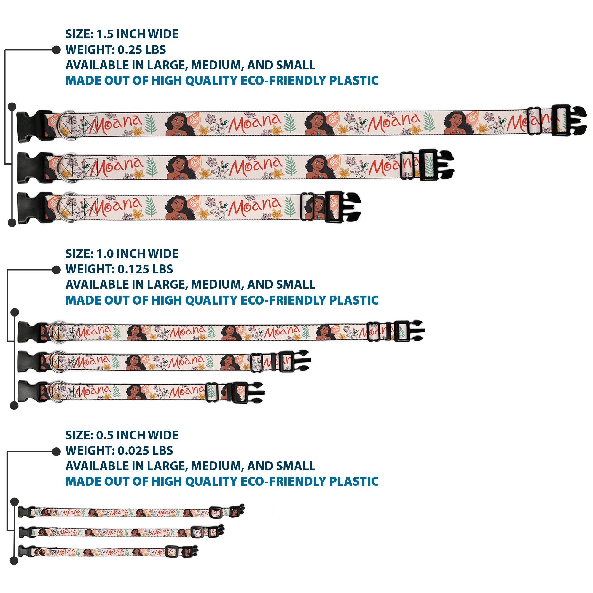 Plastic Clip Collar - Moana with Pua and Hei Hei Sail Pose with Script and Flowers Beige/Orange Plastic Clip Collars Disney