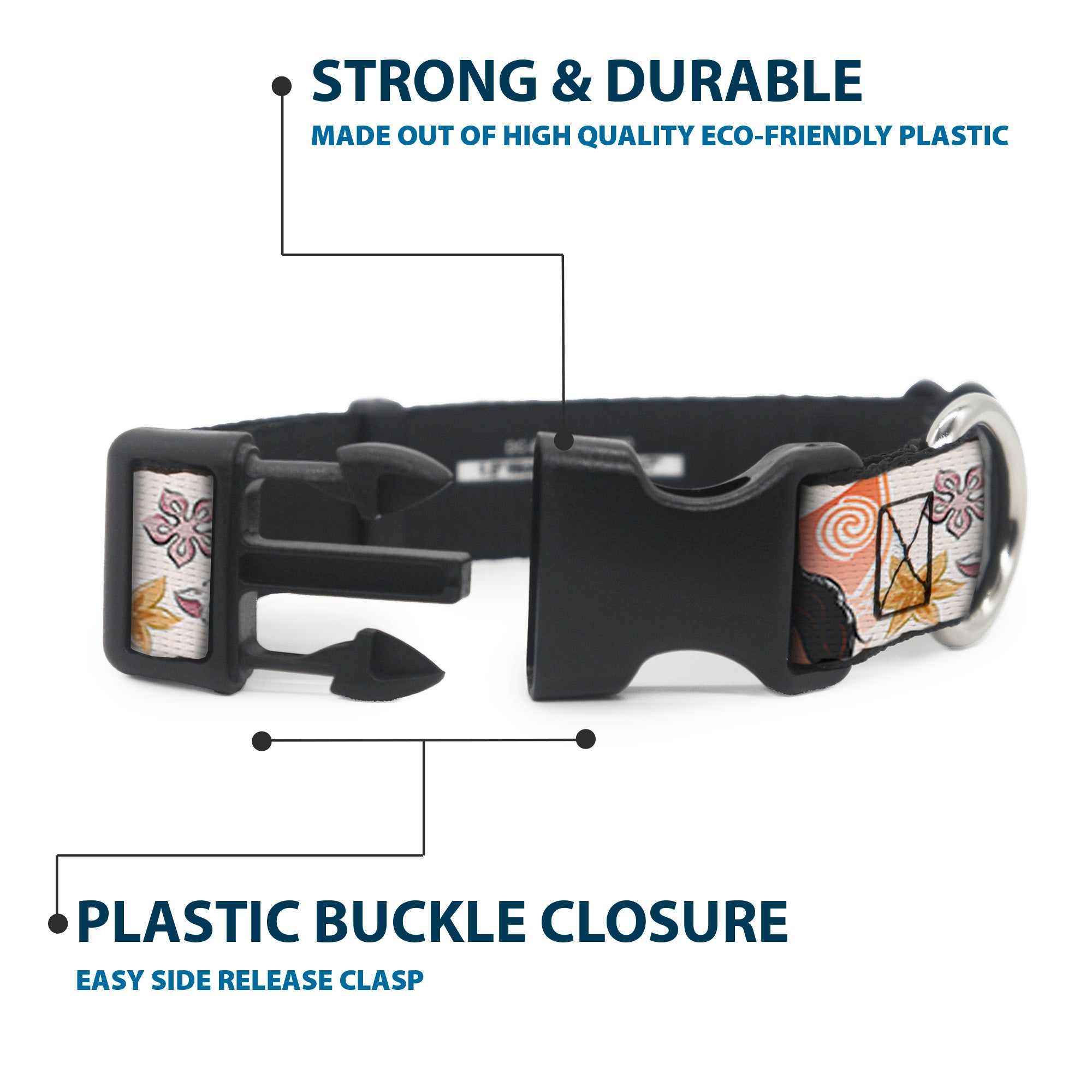 Plastic Clip Collar - Moana with Pua and Hei Hei Sail Pose with Script and Flowers Beige/Orange Plastic Clip Collars Disney