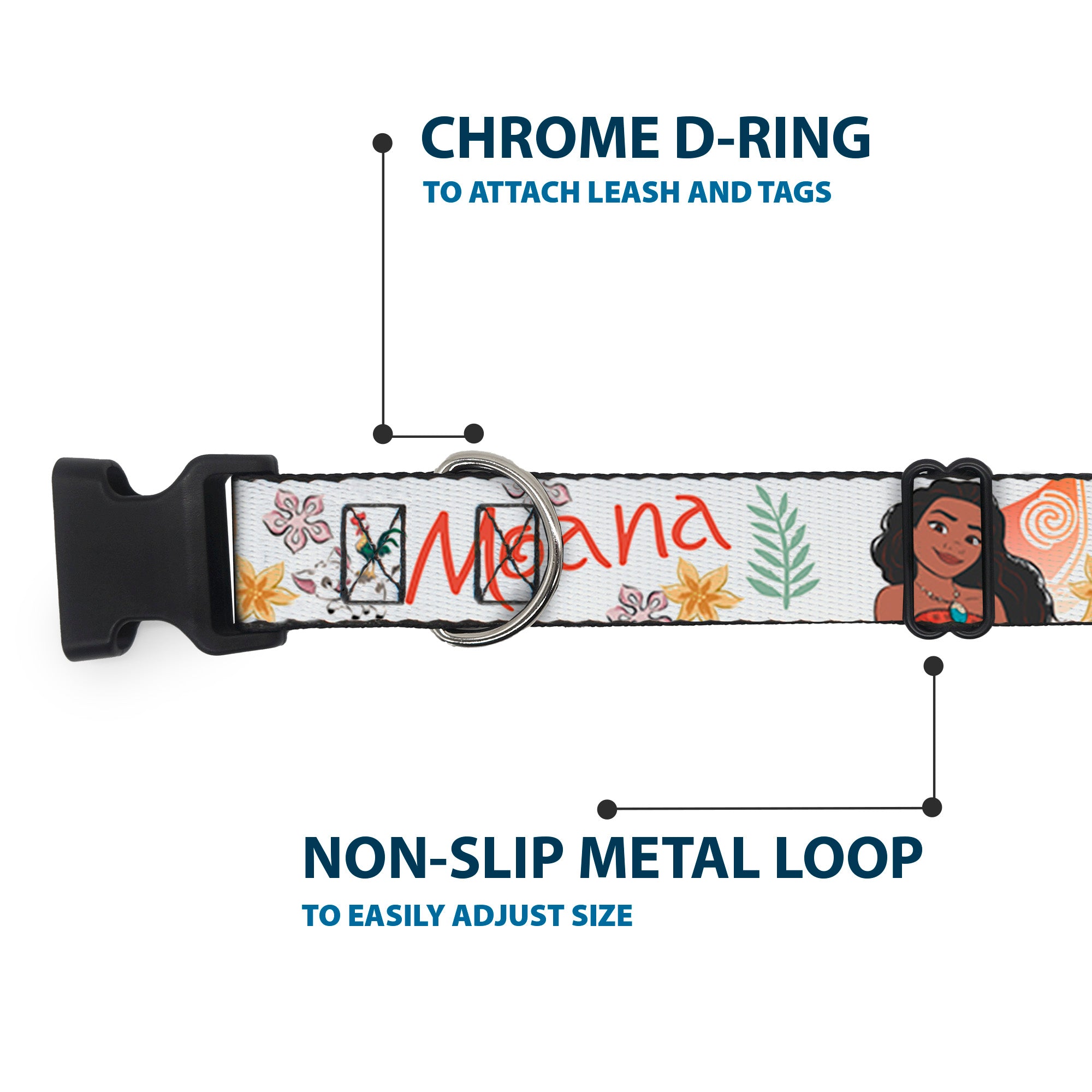 Plastic Clip Collar - Moana with Pua and Hei Hei Sail Pose with Script and Flowers Beige/Orange Plastic Clip Collars Disney