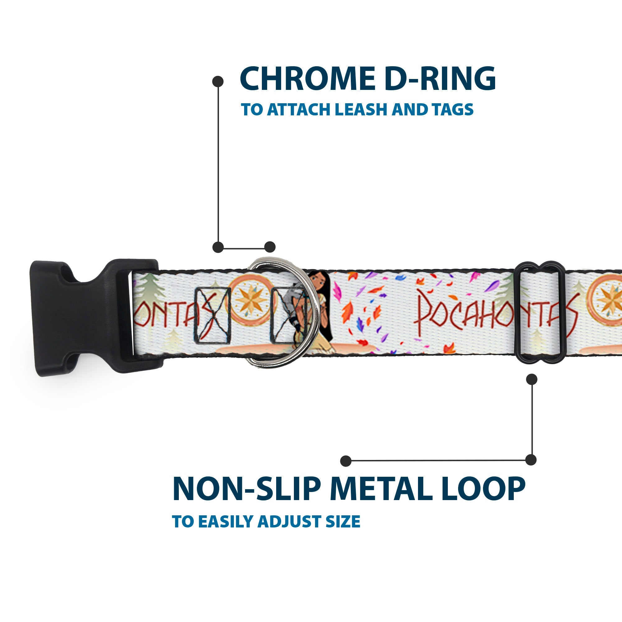 Plastic Clip Collar - Pocahontas and Meeko Compass Pose with Script and Leaves Beige Plastic Clip Collars Disney
