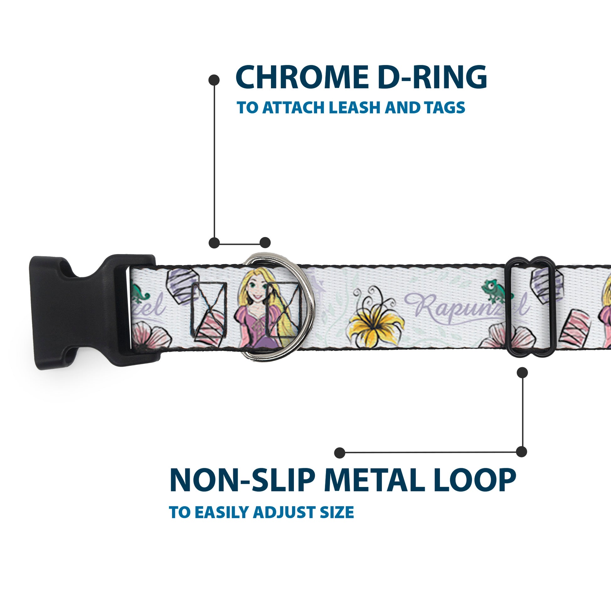 Plastic Clip Collar - Rapunzel Castle and Pascual Pose with Script and Flowers White/Purples Plastic Clip Collars Disney