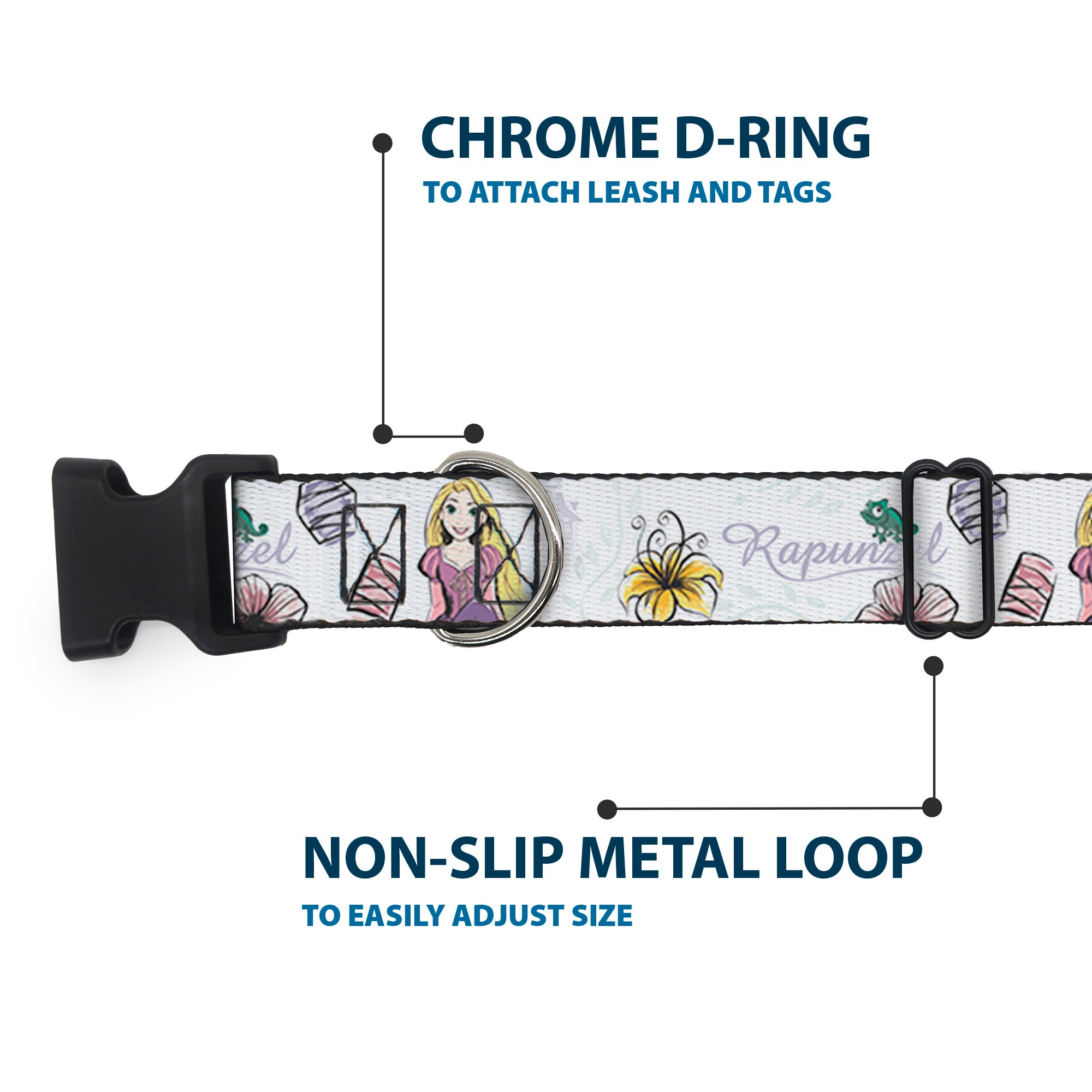 Plastic Clip Collar - Rapunzel Castle and Pascual Pose with Script and Flowers White/Purples Plastic Clip Collars Disney