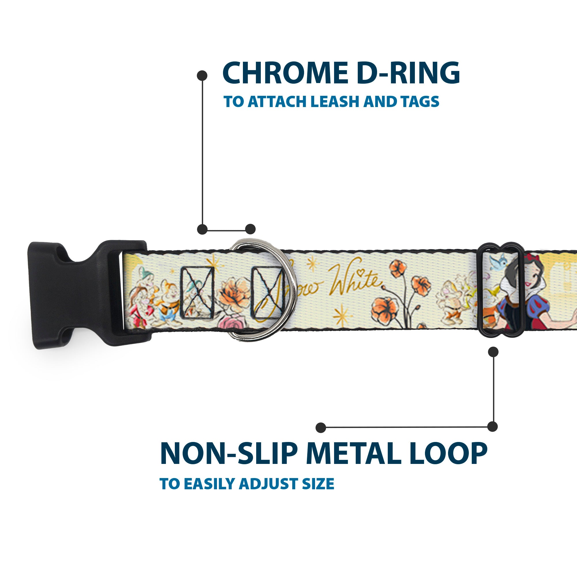 Plastic Clip Collar - Snow White and the Seven Dwarfs with Script and Flowers Yellows Plastic Clip Collars Disney